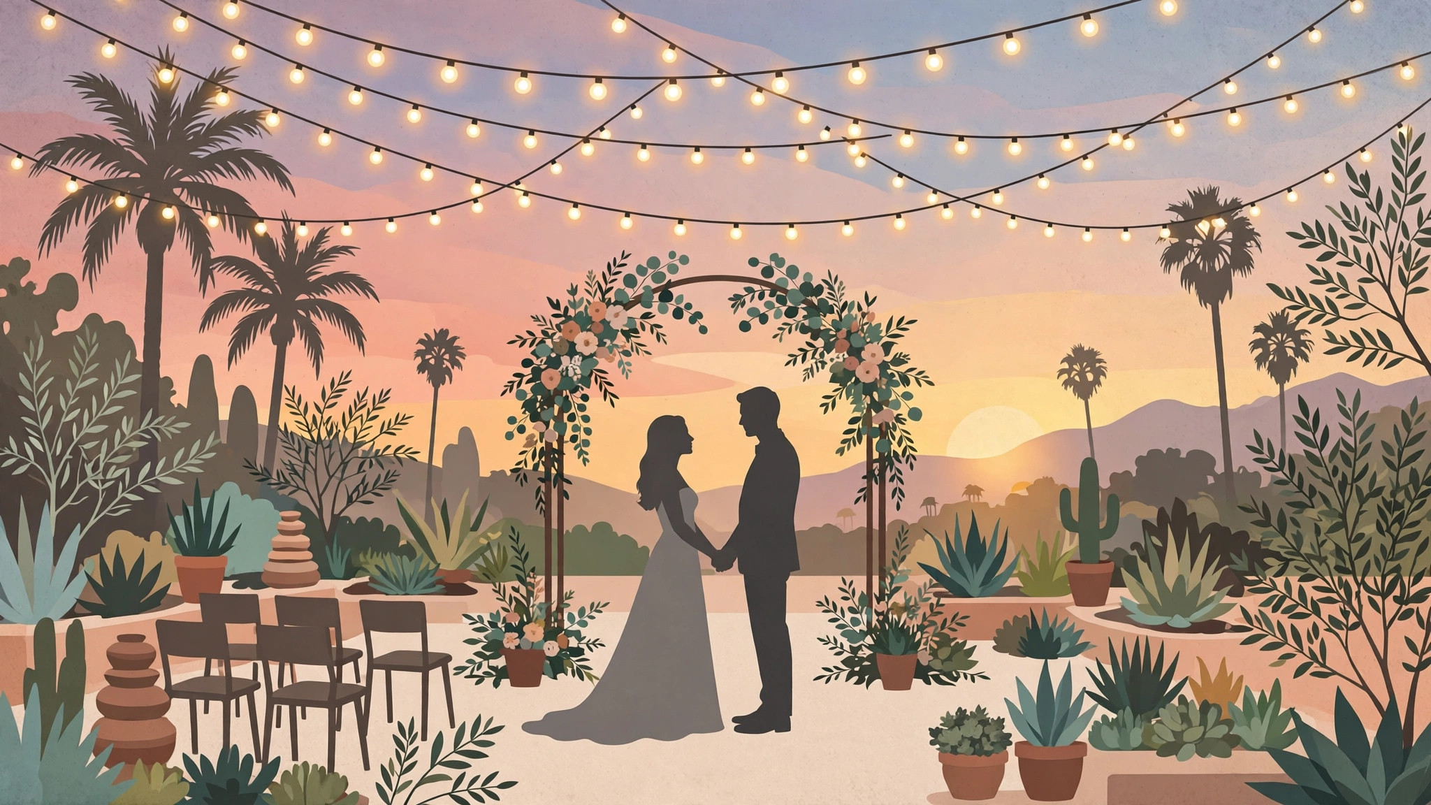 A private garden wedding celebration with warm string lights