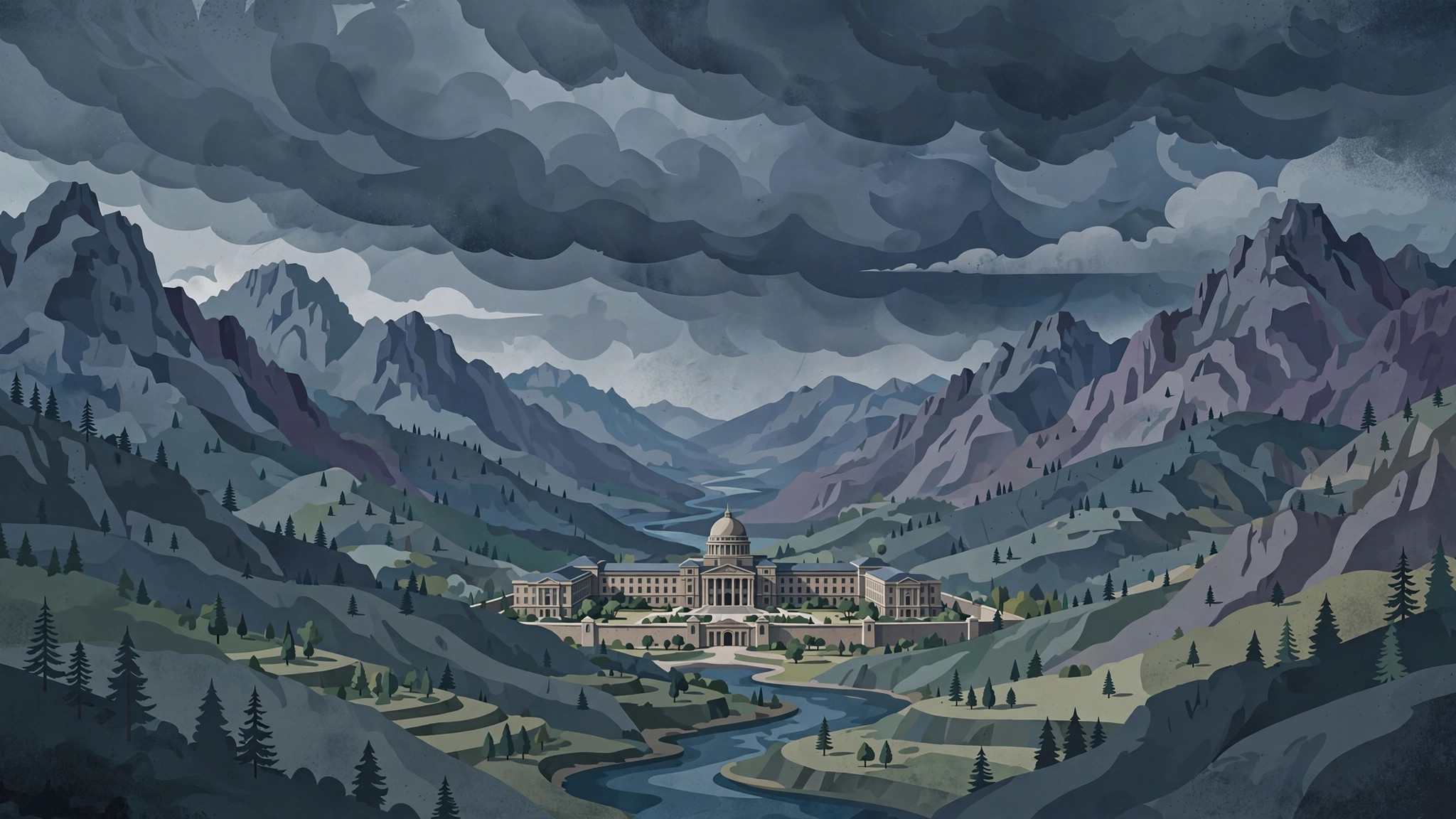 Illustration of mountains in Khyber Pakhtunkhwa with a government building under dark clouds.
