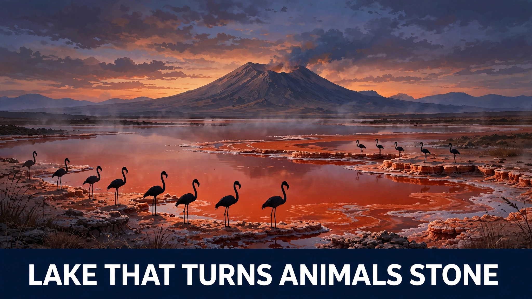 An original illustration of Lake Natron's red alkaline water at dusk, with flamingo silhouettes standing still like statues along the shore and a volcano in the distance.