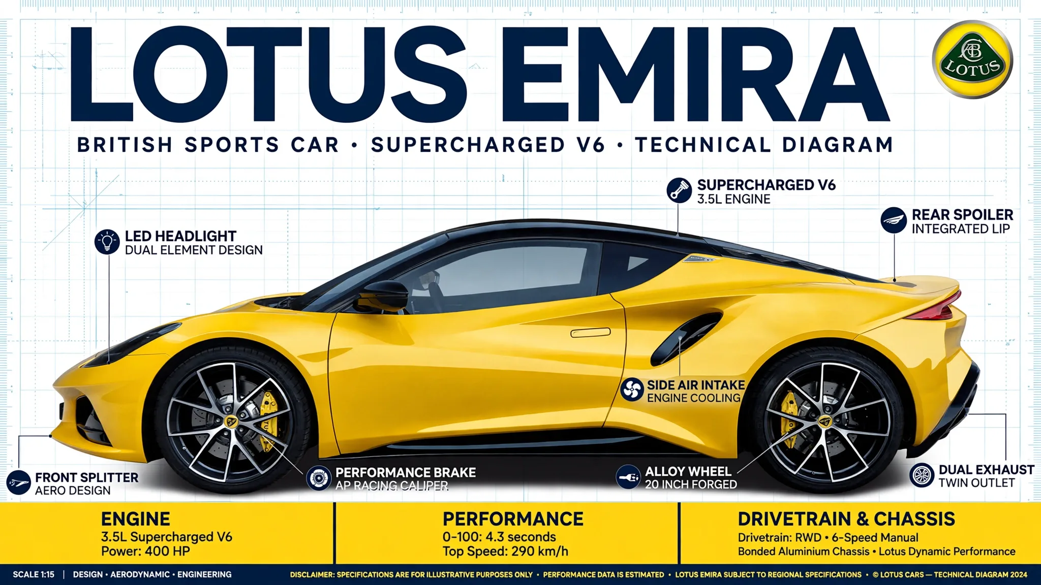 Technical diagram of a yellow Lotus Emira in side profile with labels and spec boxes