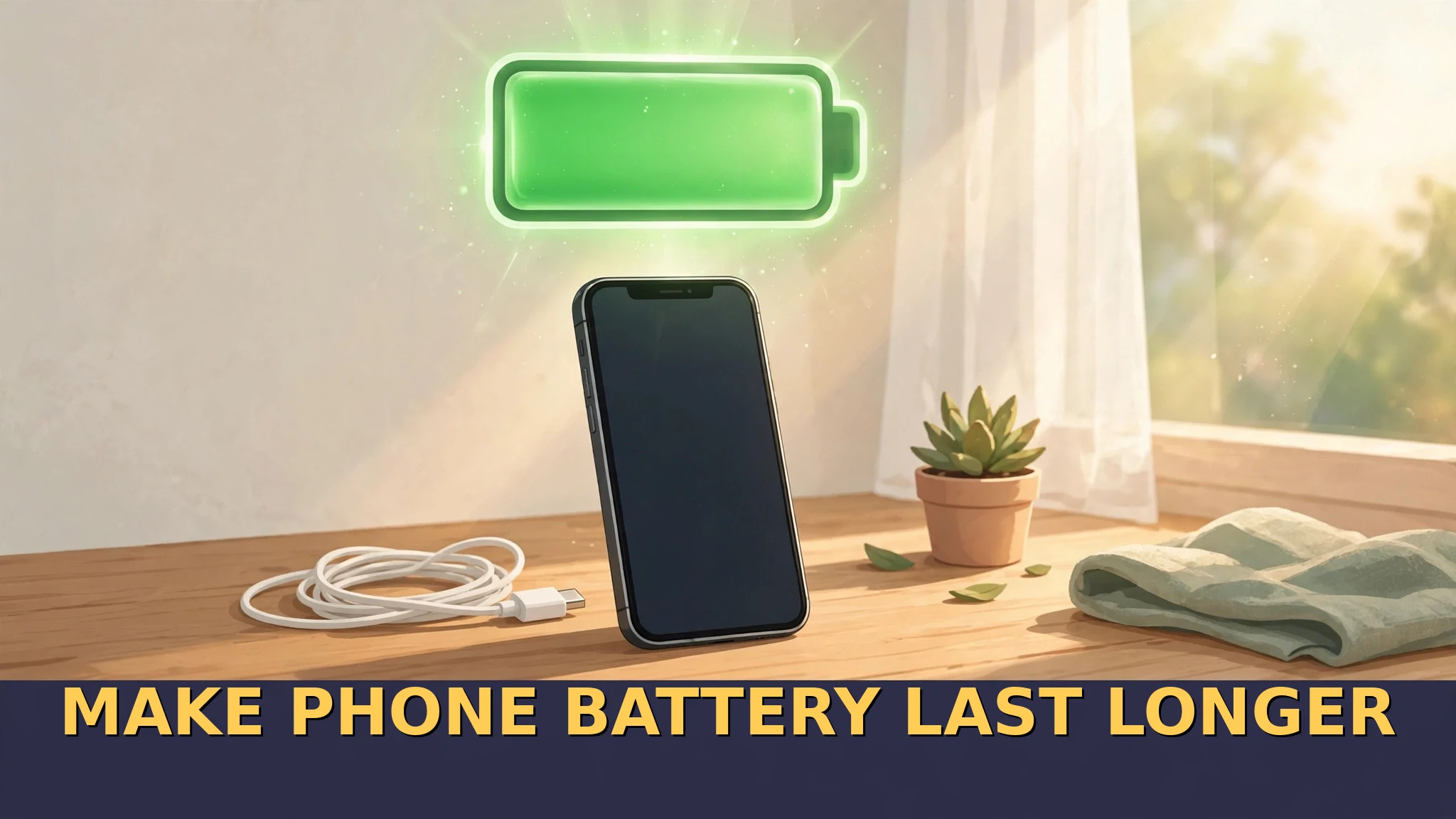 An original illustration of a smartphone on a sunny desk with a big glowing green full battery sign above it and a charger cable beside it.