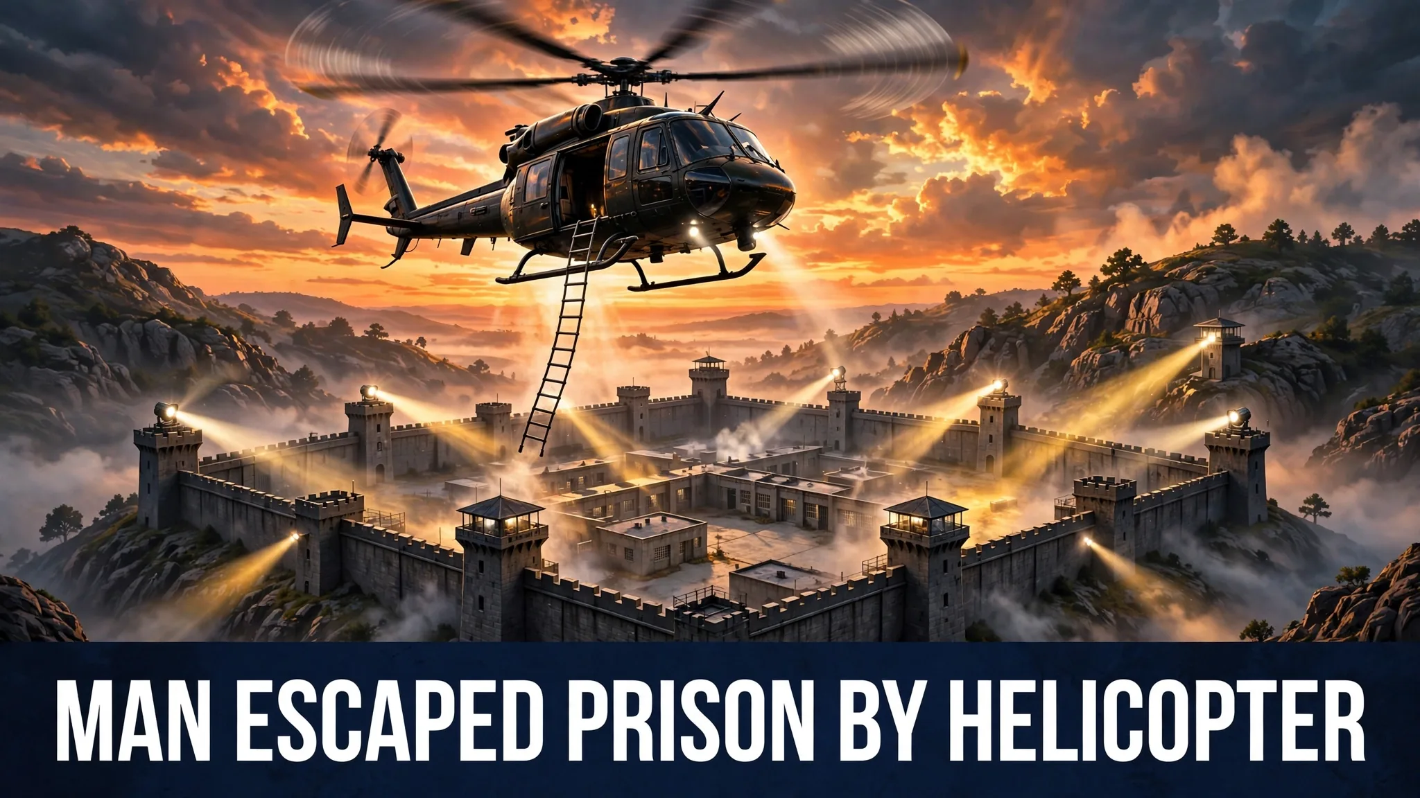 A helicopter hovering above a high-security prison roof at dusk while searchlights sweep the yard below.