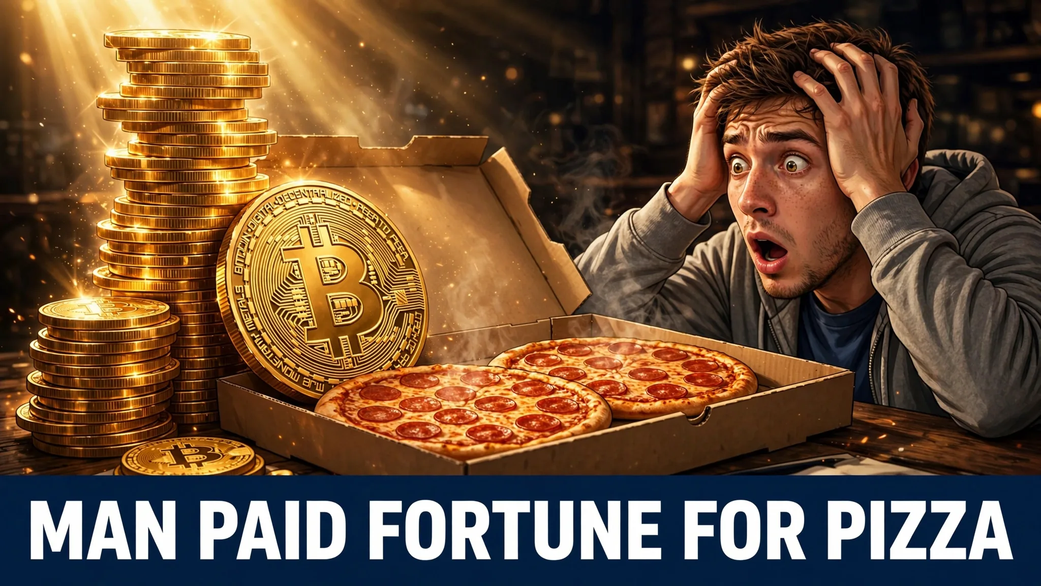 A programmer opening two pizza boxes on a desk beside a glowing pile of golden bitcoin coins.