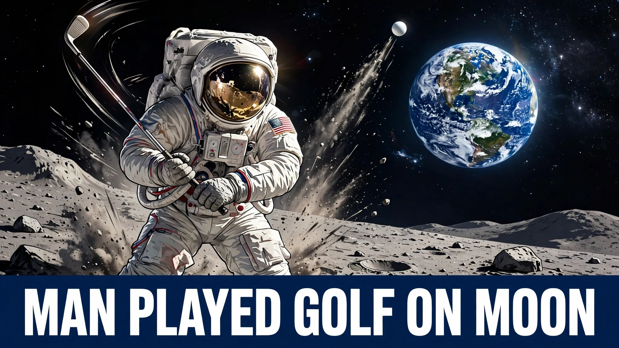 An illustration of an astronaut in a white spacesuit swinging a golf club on the grey surface of the Moon, Earth shining in the black sky.
