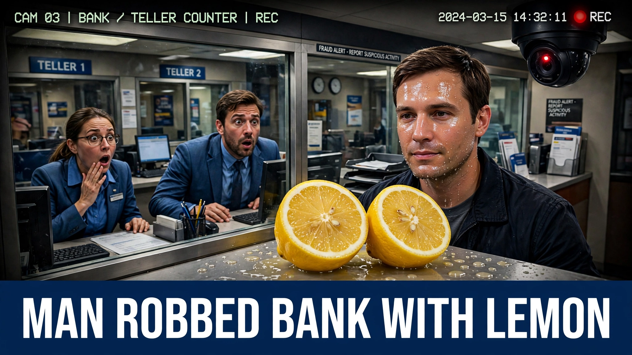 A bank security camera view of a calm man with no mask standing at the counter, lemon juice rubbed on his face.