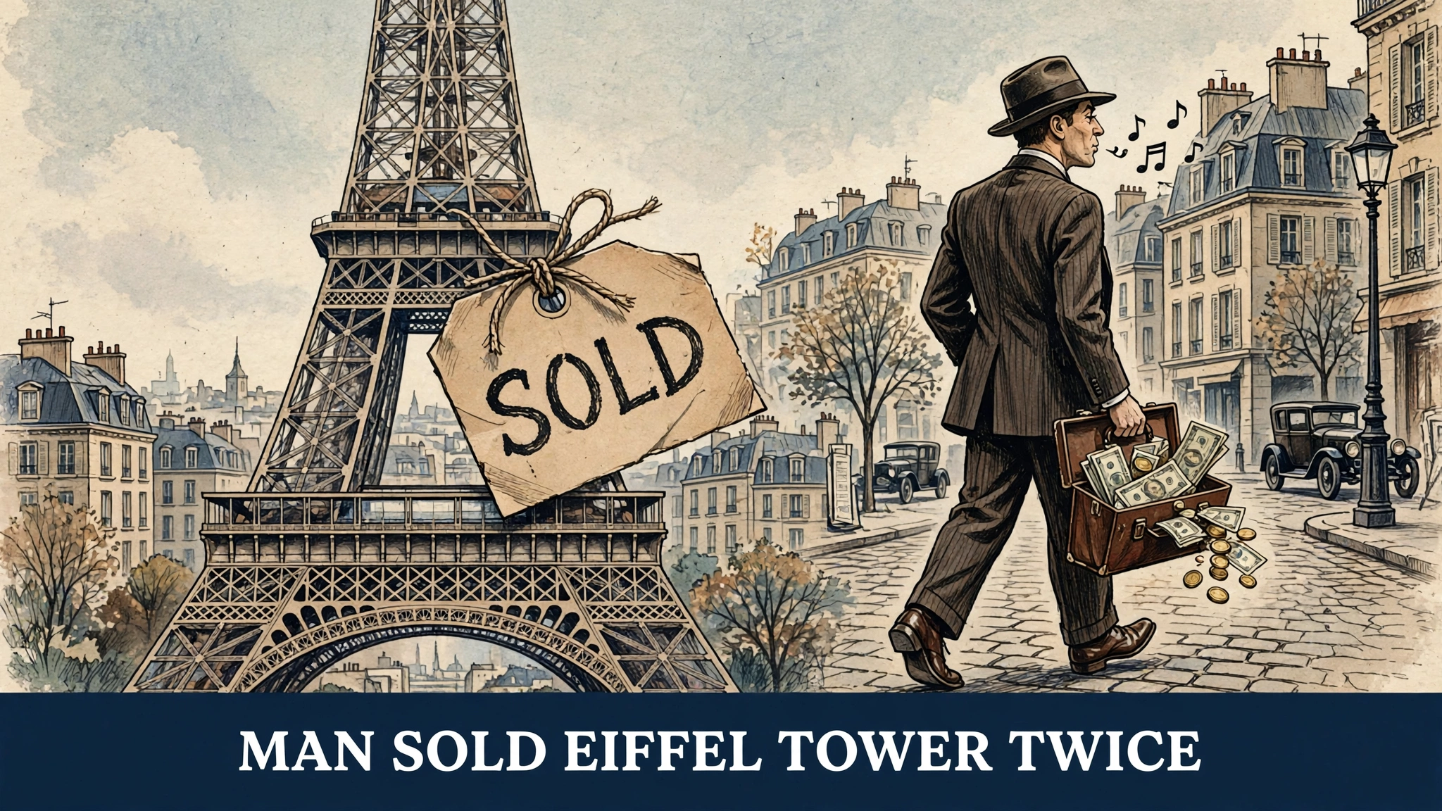 An original illustration of a gentleman in a 1920s suit and hat walking away from the Eiffel Tower with a briefcase full of money, while a large SOLD tag hangs from the tower.