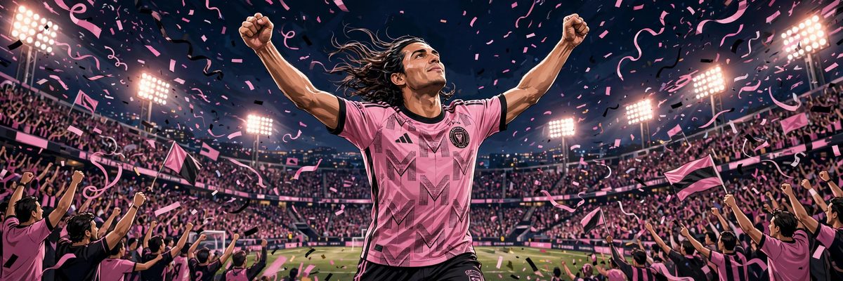 Illustration of a football star in a pink Inter Miami style jersey celebrating a goal under stadium lights