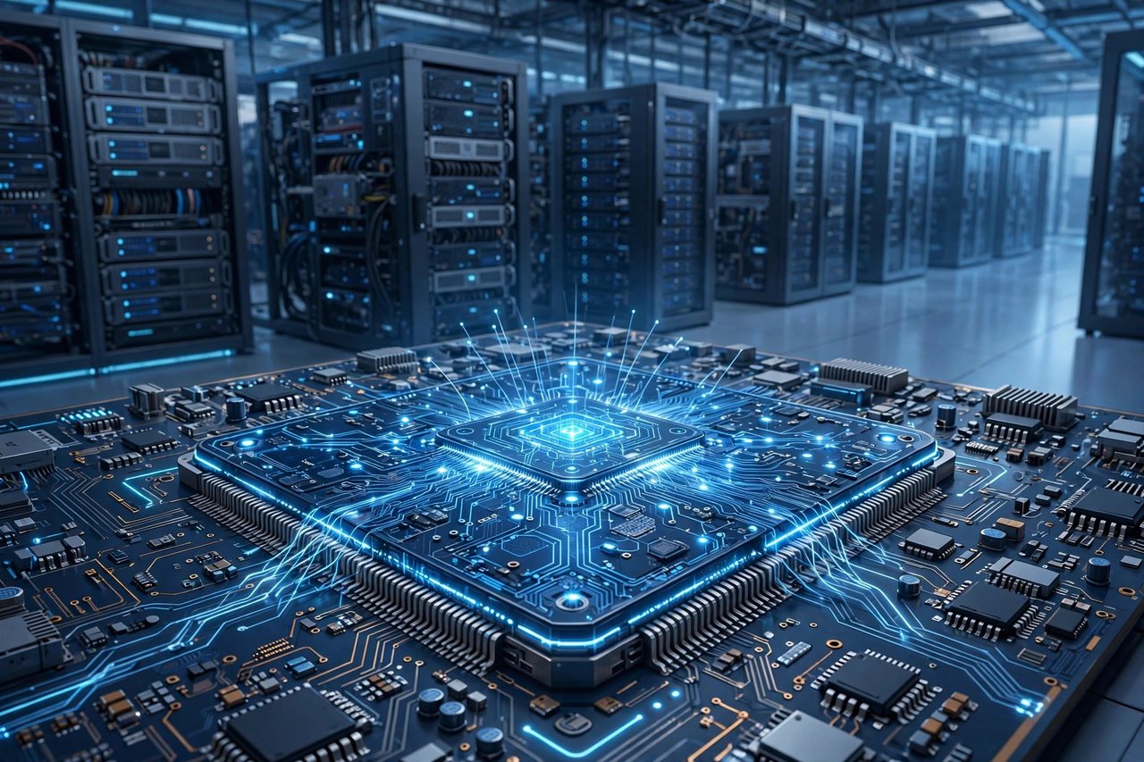 Illustration of a glowing AI computer chip with small chip pieces joined together