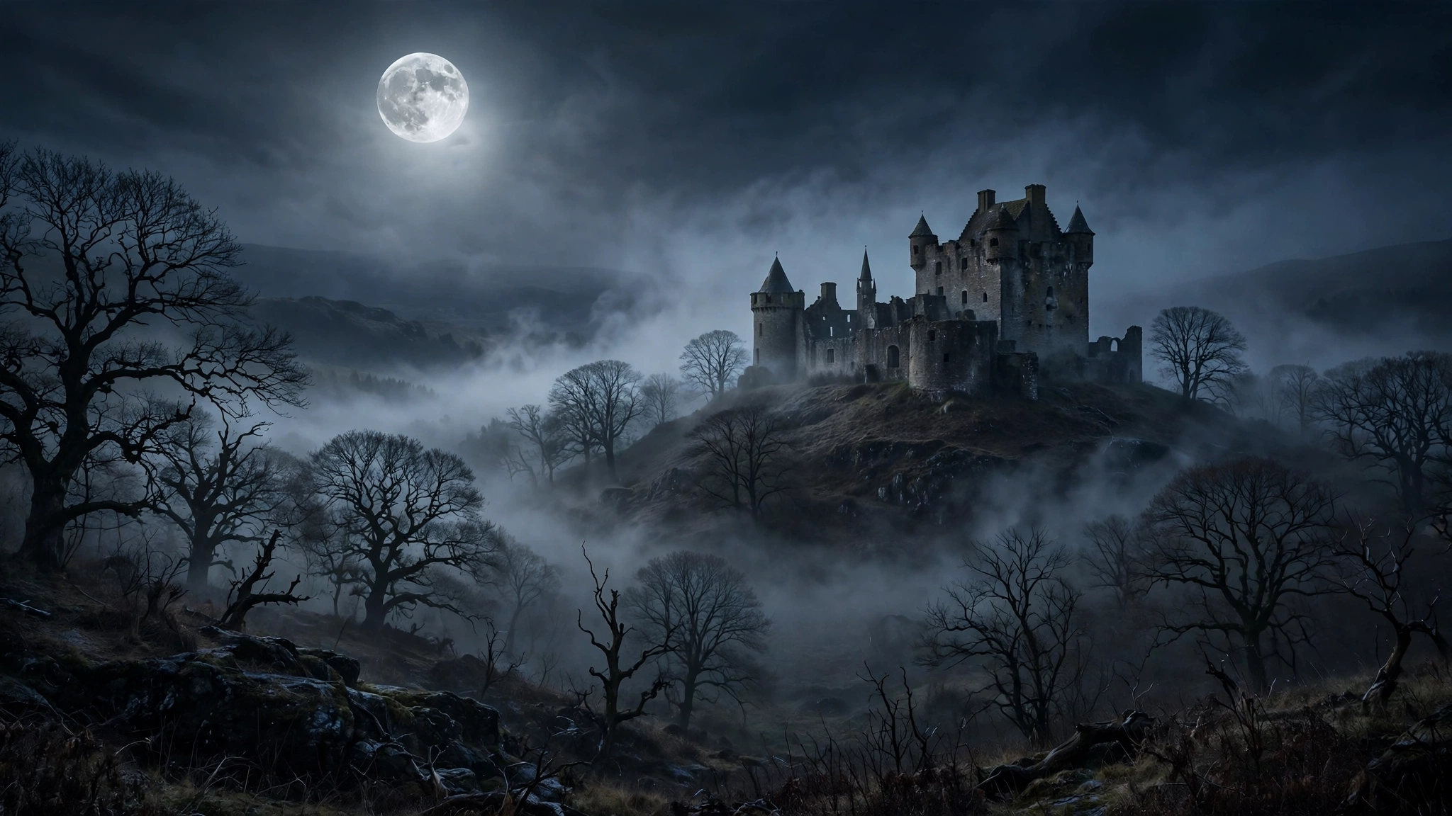 A foggy old castle on a hill at night with a full moon and bare trees