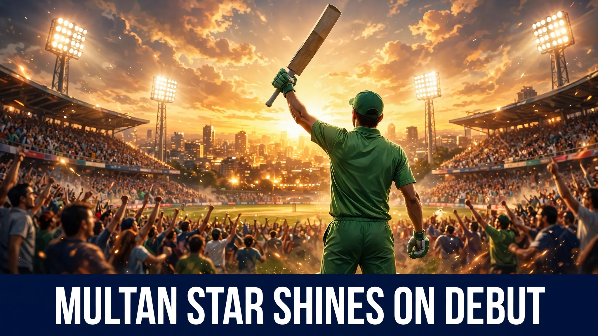 An illustration of a young cricketer in a green kit, seen from behind, raising his bat to a cheering crowd in a floodlit stadium.