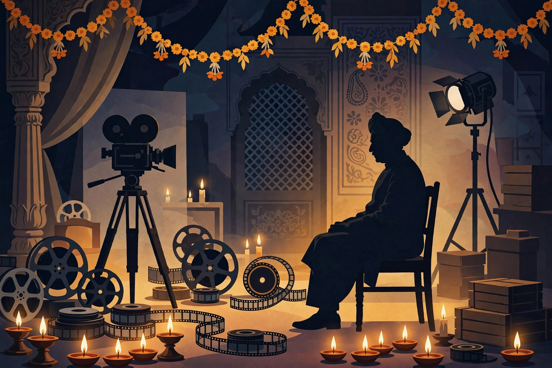 Illustration of a vintage Bollywood film set with an elderly actor silhouette, marigold flowers and candlelight.