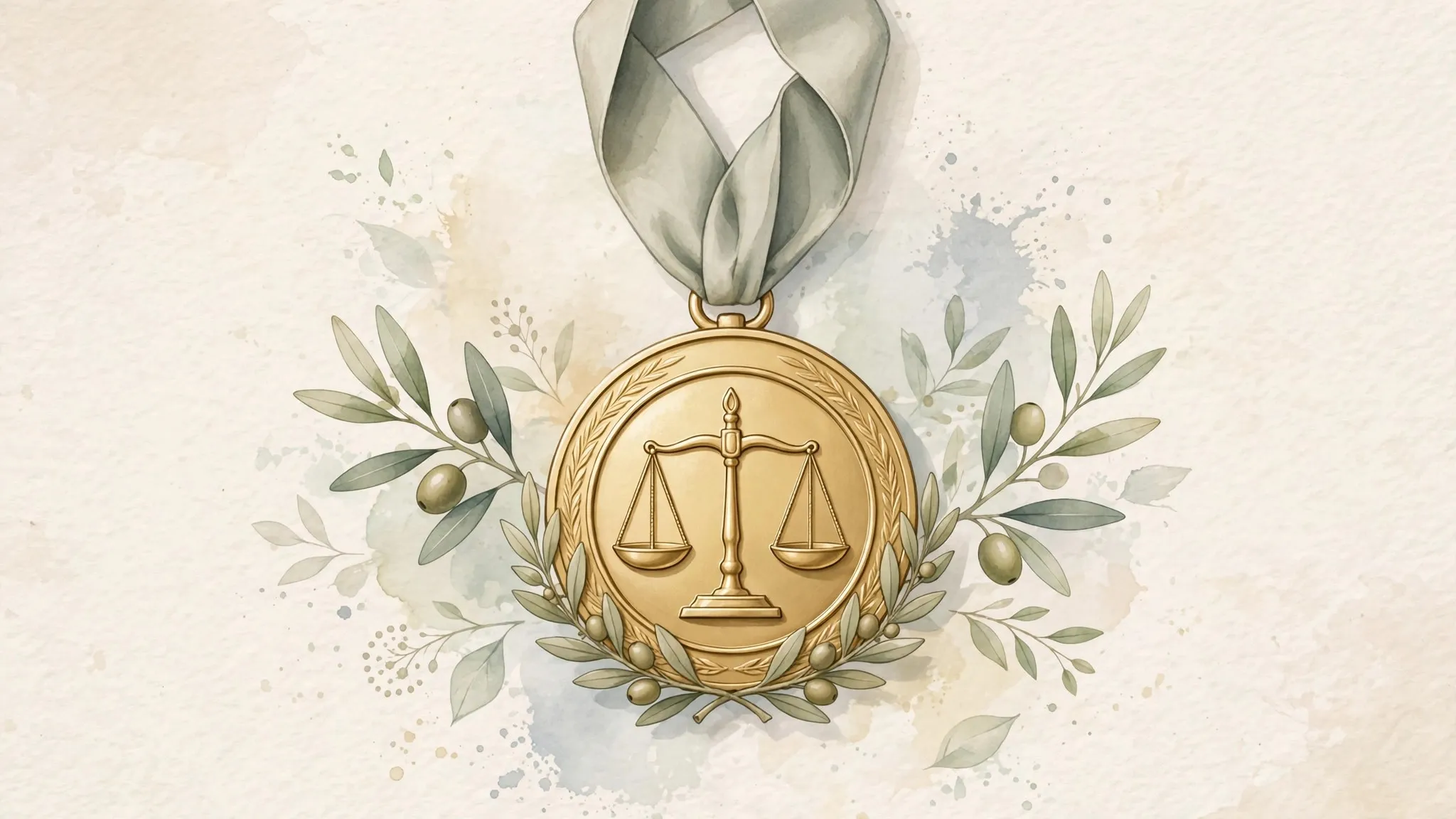 Illustration of a gold peace medal with scales of justice and an olive branch