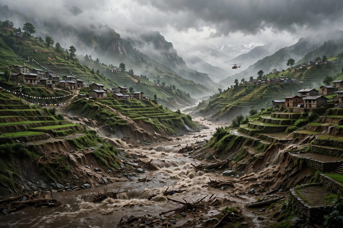 Illustration of a Himalayan river valley village with a swollen muddy river after a flash flood