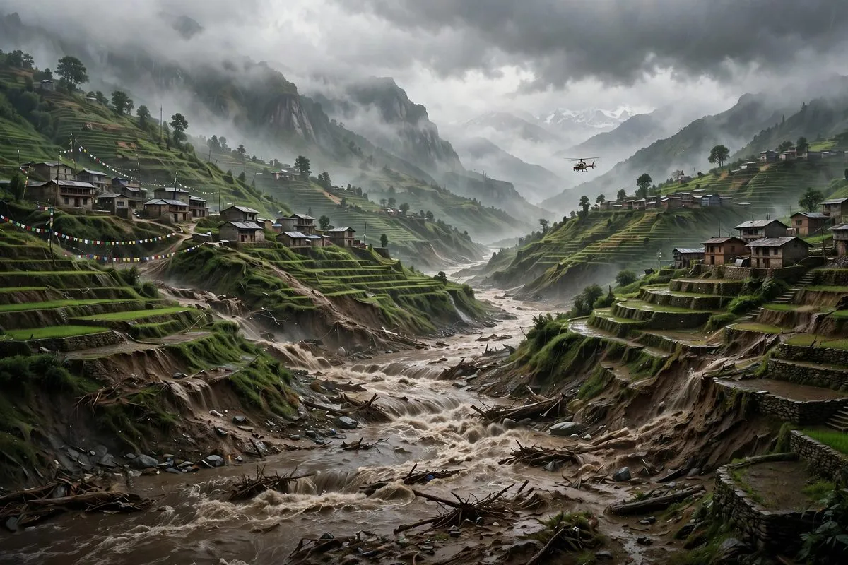 Illustration of a Himalayan river valley village with a swollen muddy river after a flash flood