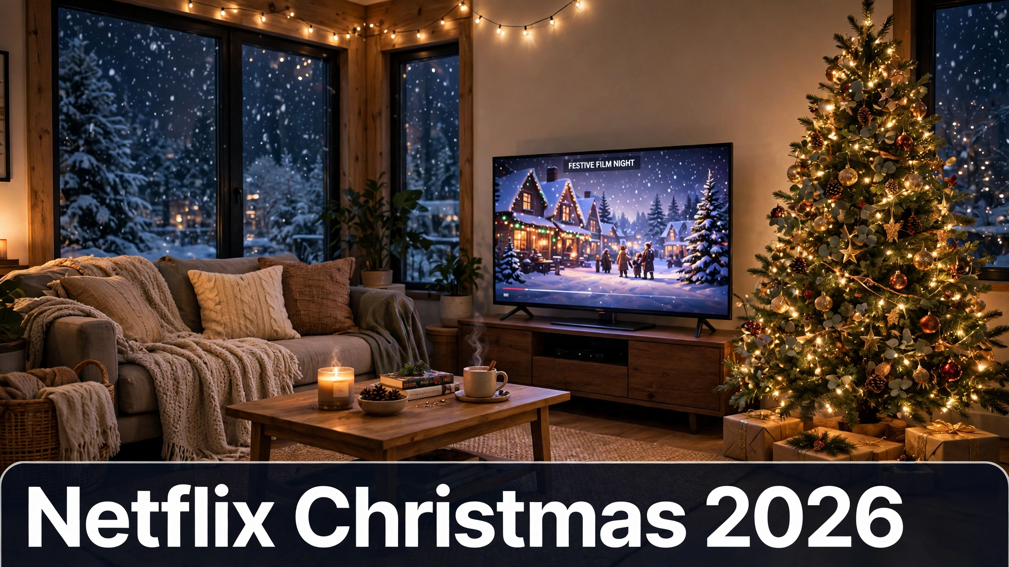 A festive Netflix Christmas scene with a family, a dog and sparkling holiday lights.