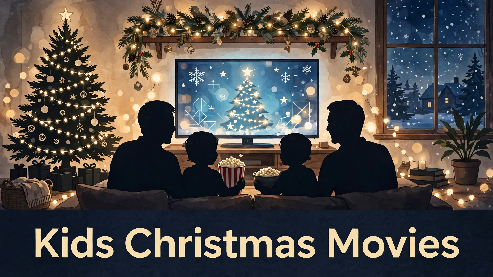 A family watching a Christmas film together on a sofa with blankets and warm lights.