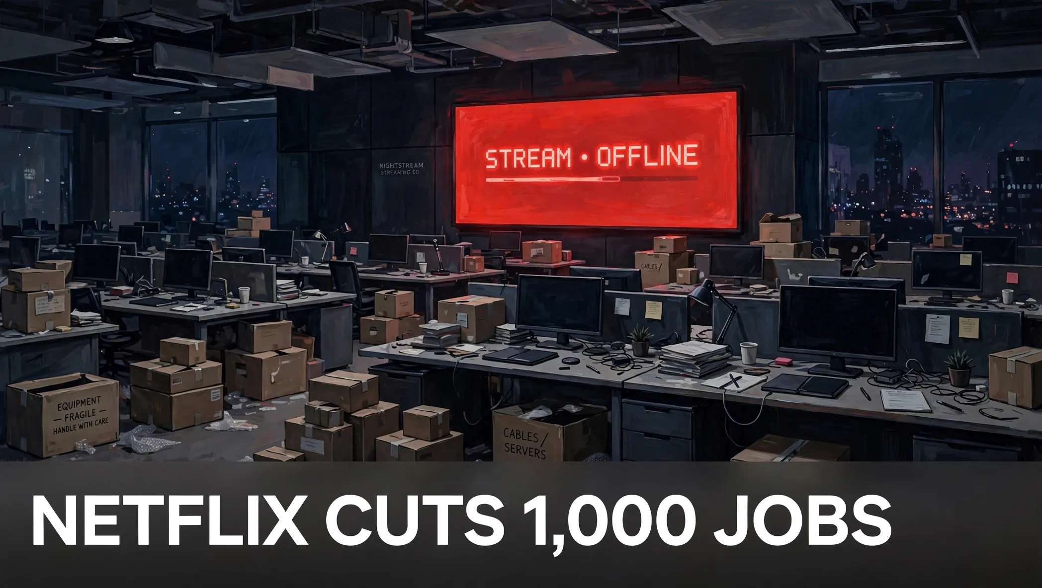 Illustration of a dark streaming company office with empty desks and the words Netflix Cuts 1000 Jobs