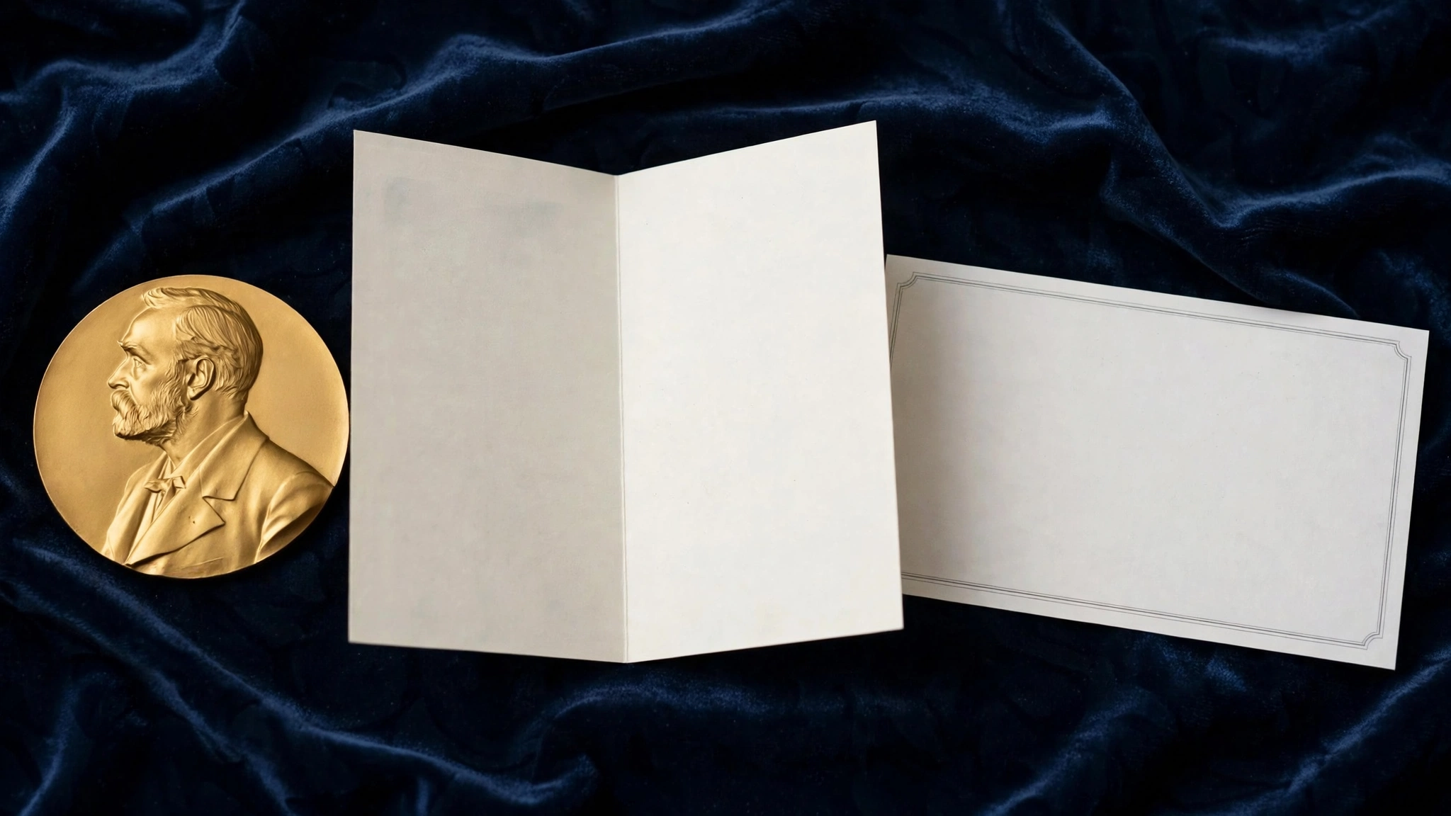 A golden Nobel medal beside a diploma and a large cheque showing the 2026 prize amount, on a dark blue background.