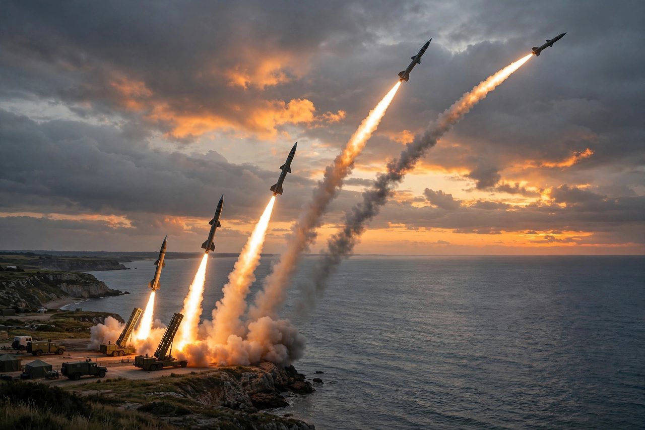 Illustration of ballistic missiles launching toward the sea at dawn