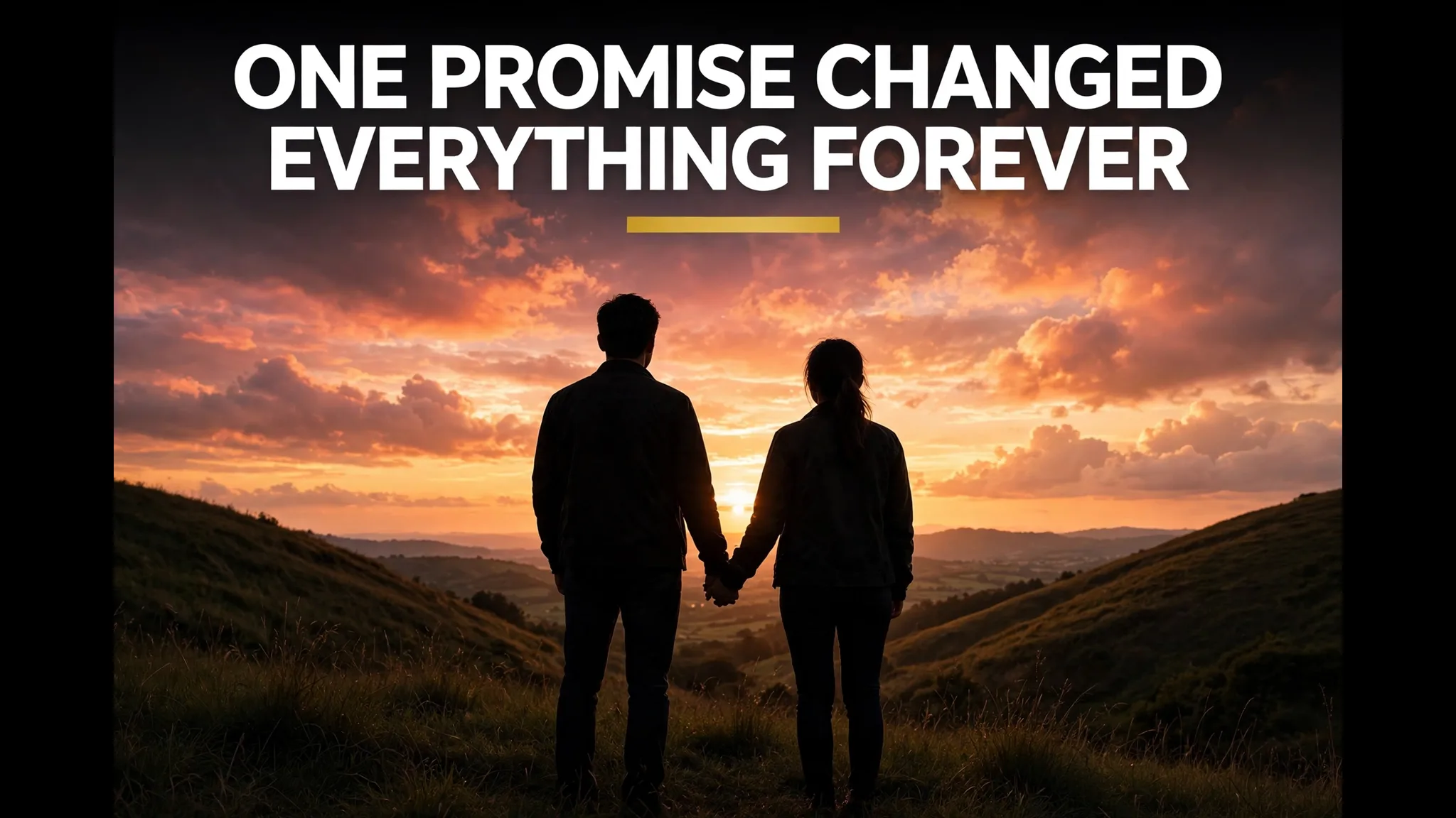 A couple as silhouettes holding hands on a hill at golden sunset