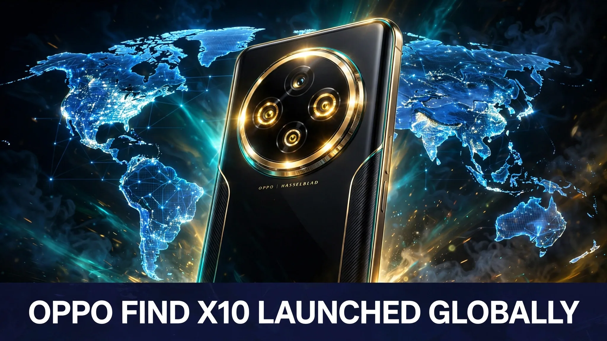 An illustration of a premium smartphone with a huge glowing triple camera ring on a dark stage, a world map of blue light behind it.