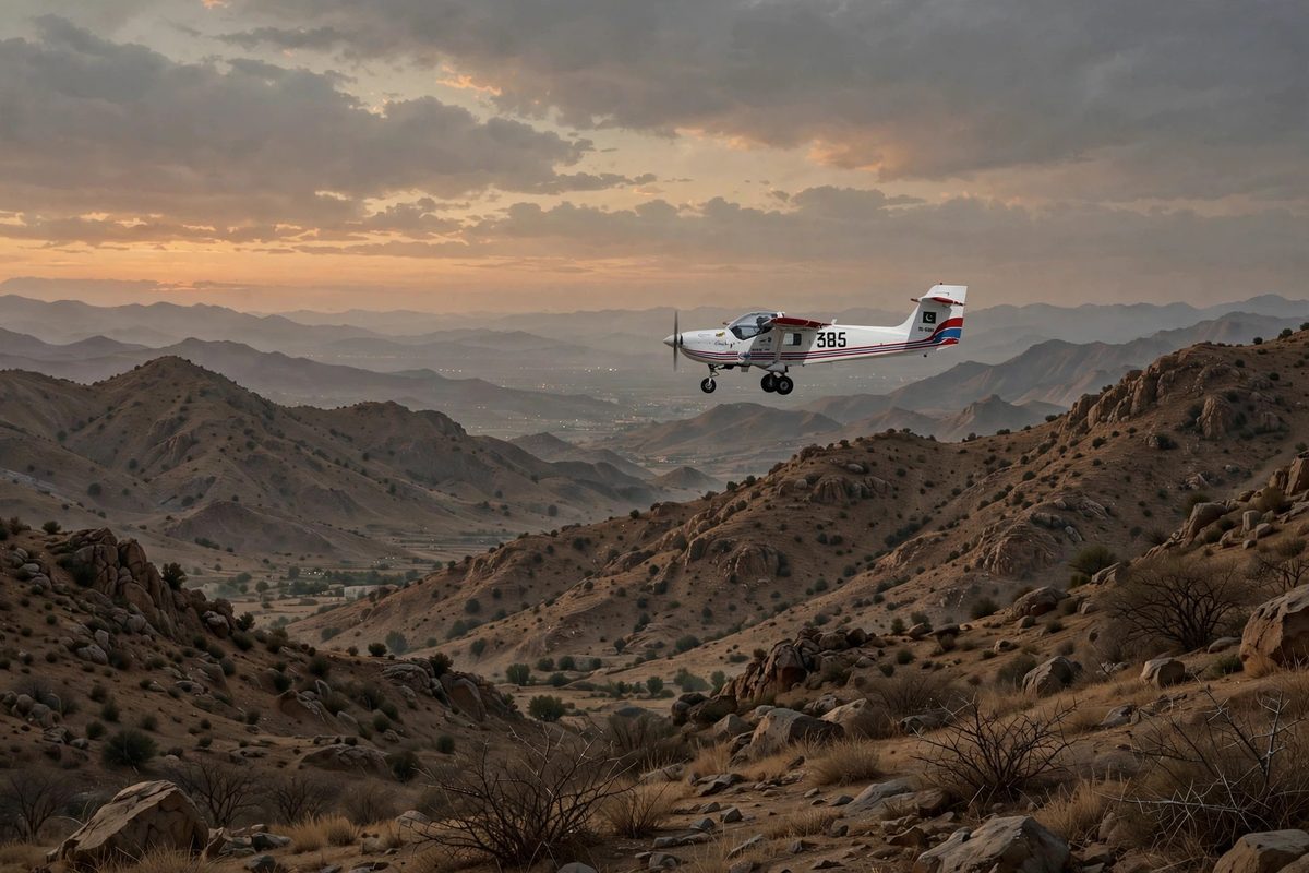 Illustration of a small military training aircraft flying over the rocky hills near Quetta at dusk