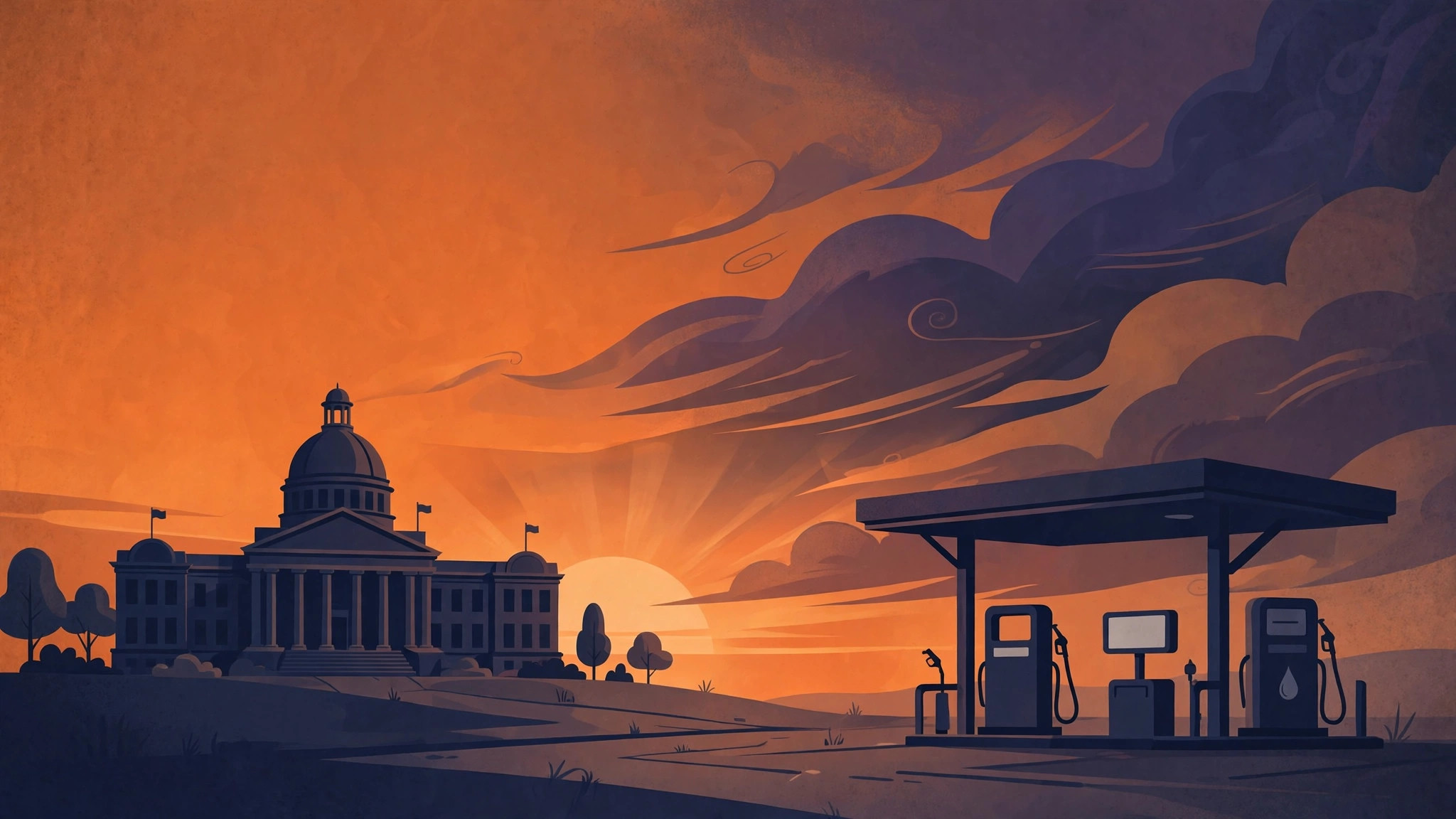 Illustration of a parliament building and a petrol pump at dusk.