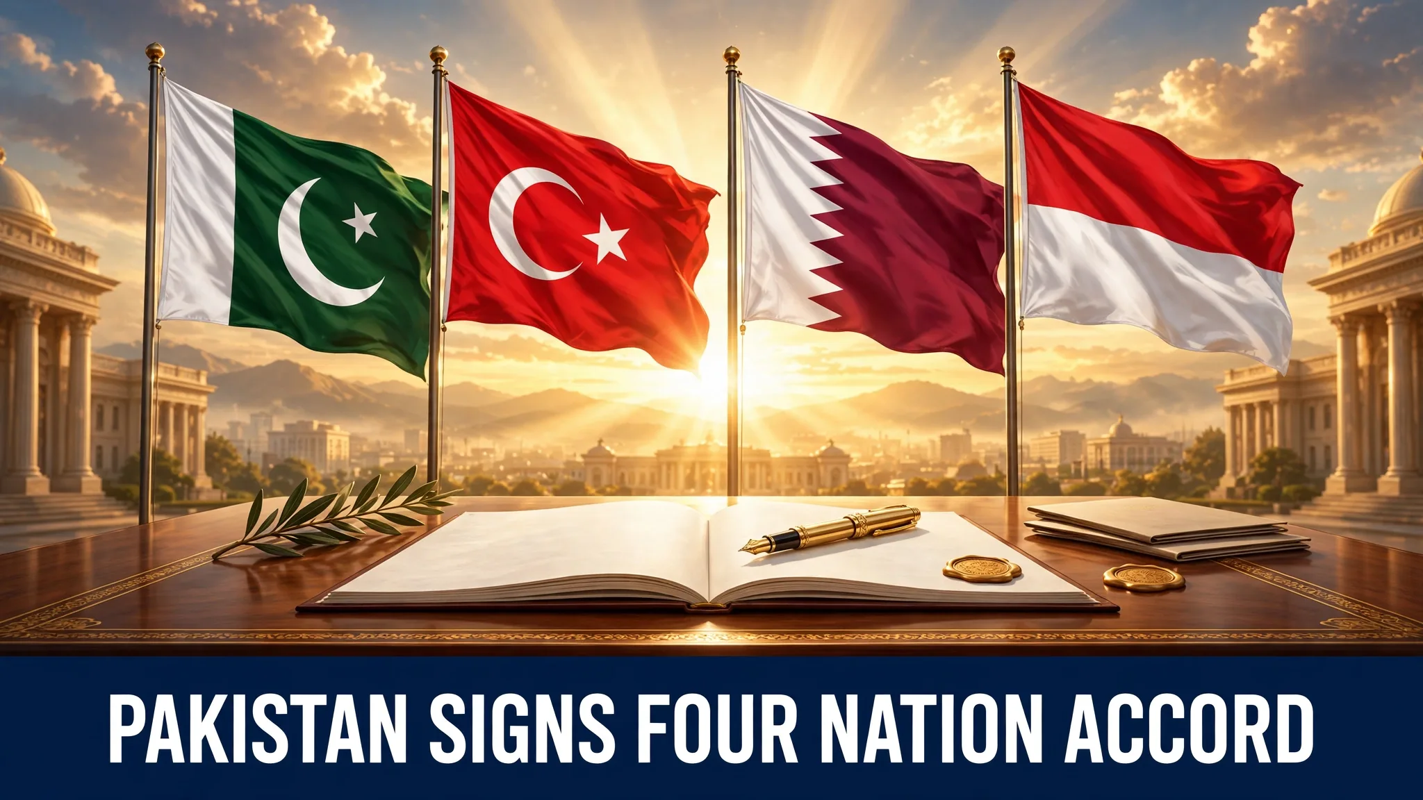 An illustration of the flags of Pakistan, Turkiye, Qatar and Indonesia waving over a grand signing table with an open document and a golden pen.