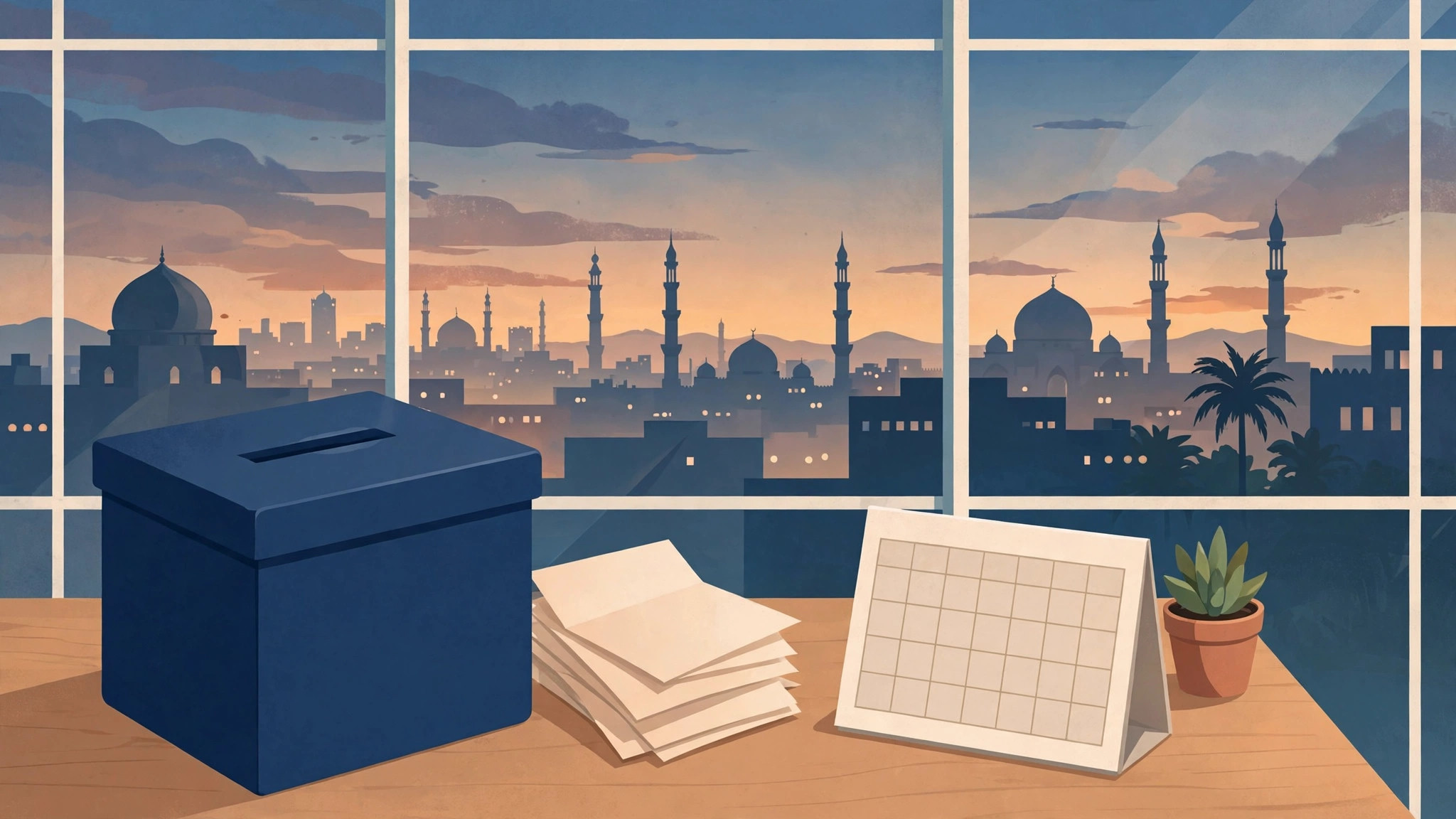 Illustration of a ballot box next to a calendar showing a future election date