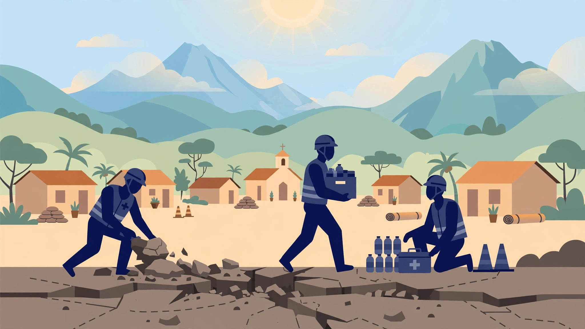 Illustration of rescue workers helping people in a Panamanian town