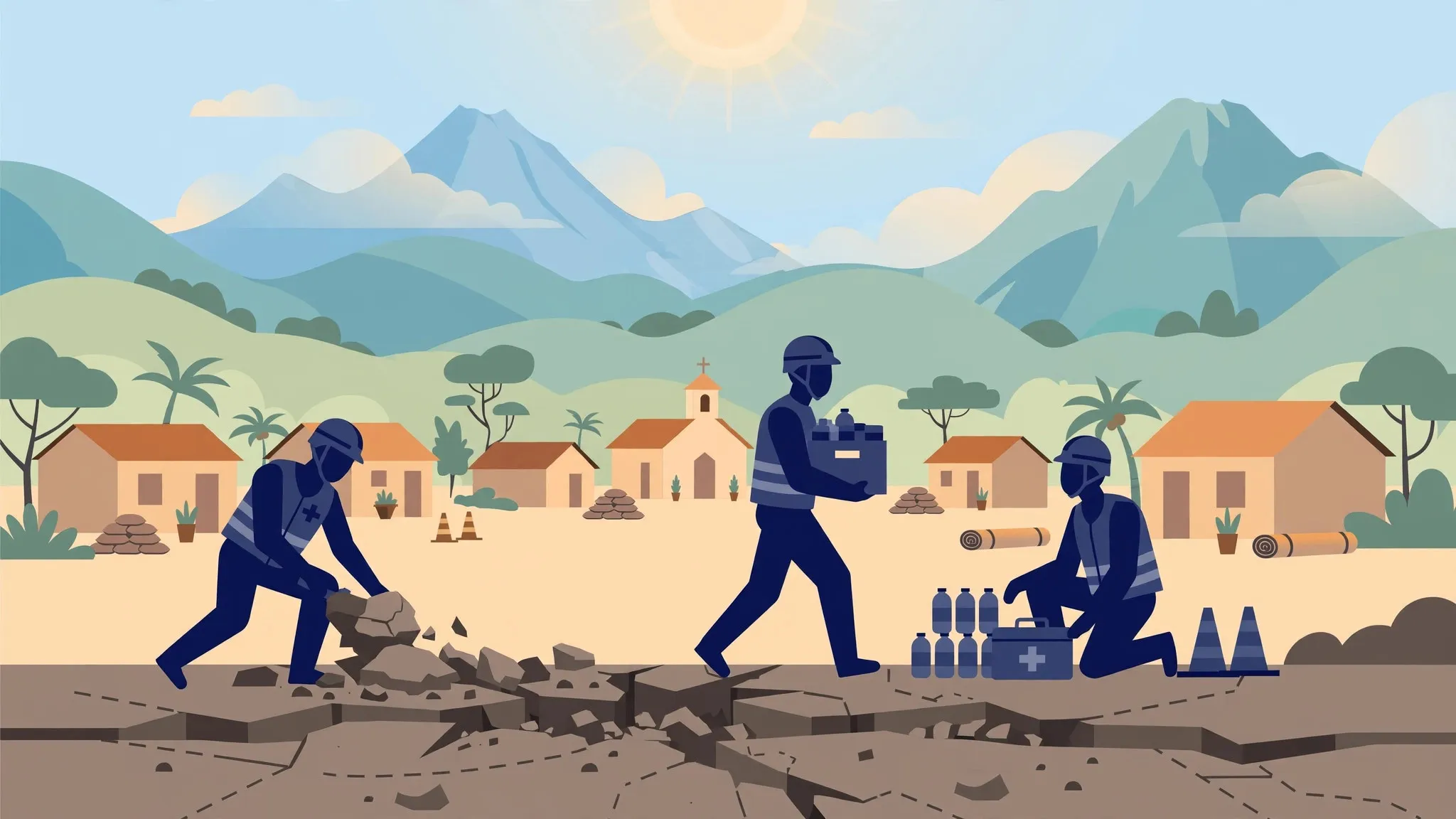 Illustration of rescue workers helping people in a Panamanian town