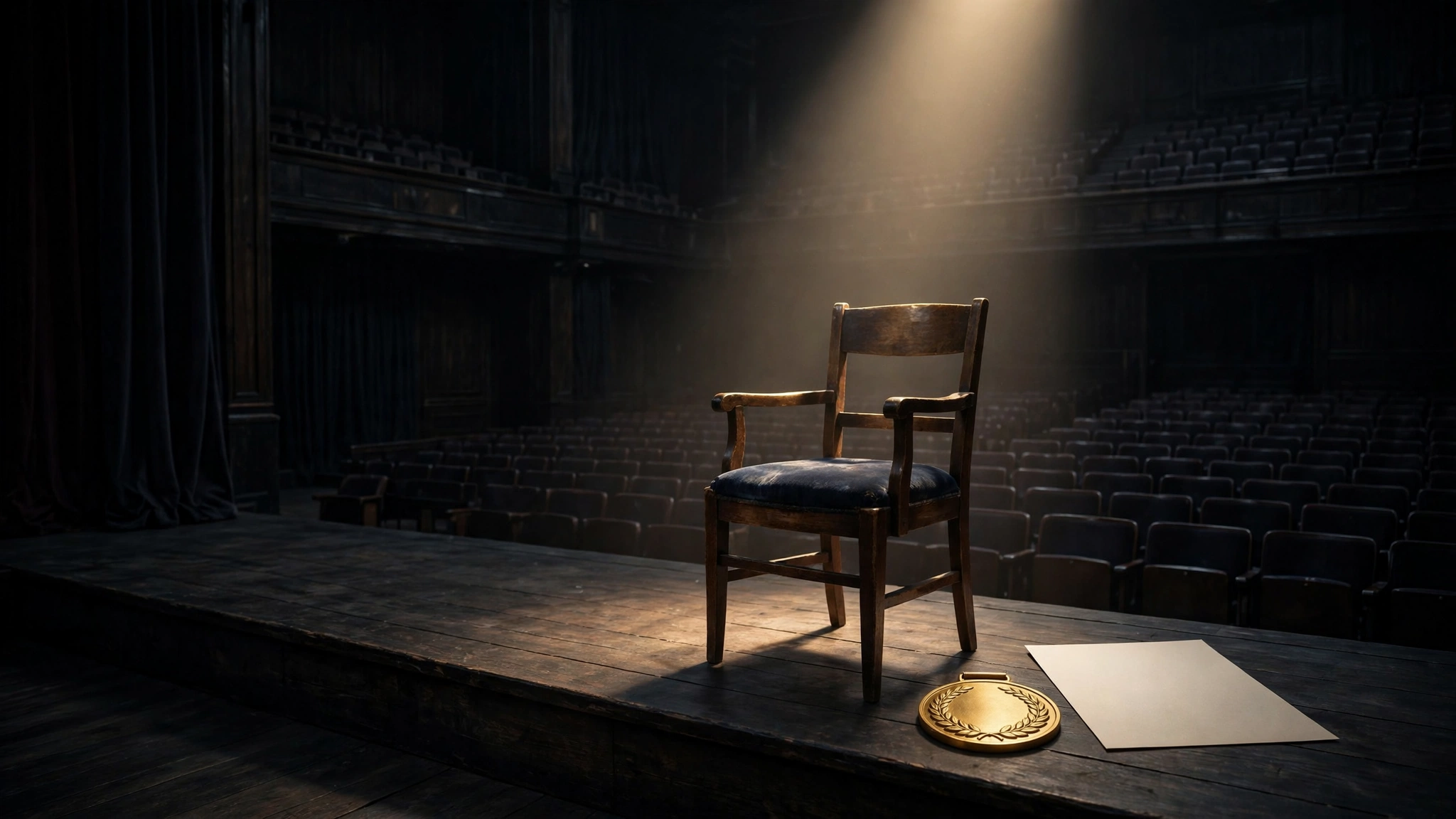 An empty chair on a stage beside a golden medal and diploma, with a spotlight shining on the vacant seat.