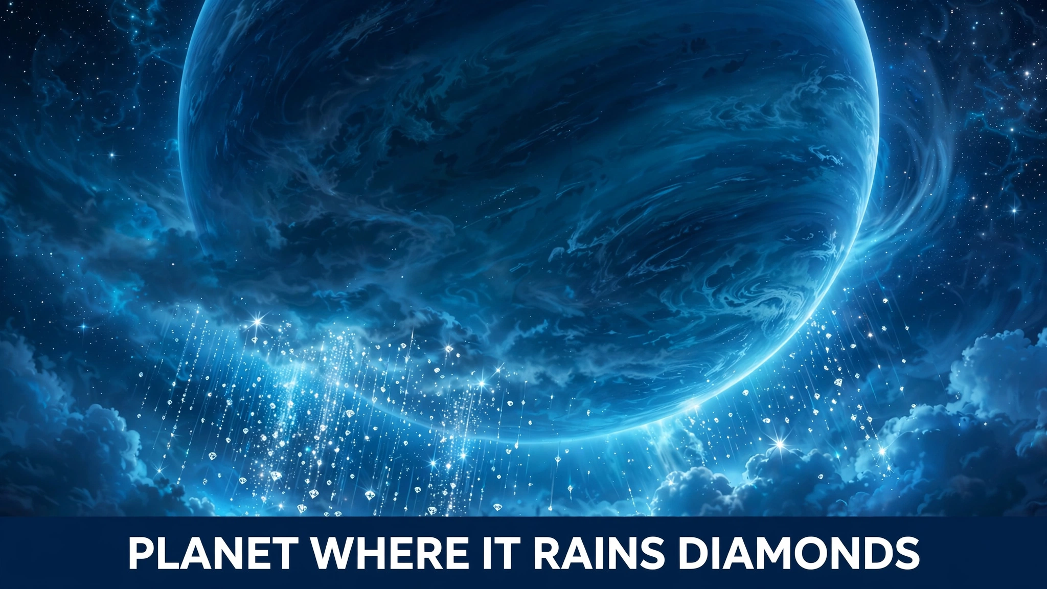 An original illustration of a deep blue ice giant planet with sparkling diamonds falling like rain through its glowing inner clouds.