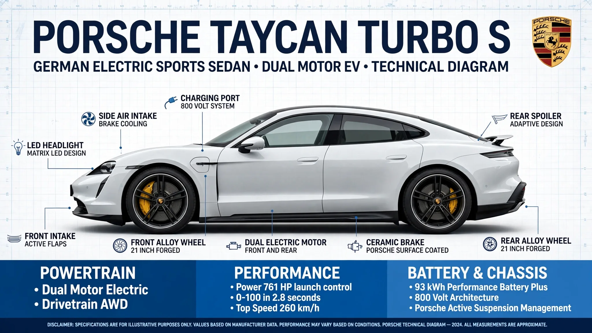 Technical diagram of a white Porsche Taycan Turbo S in side profile with labels and spec boxes