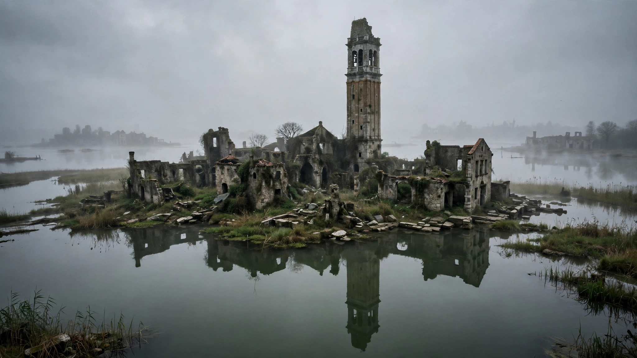 An abandoned island with ruined buildings and a tall bell tower in a misty lagoon near Venice