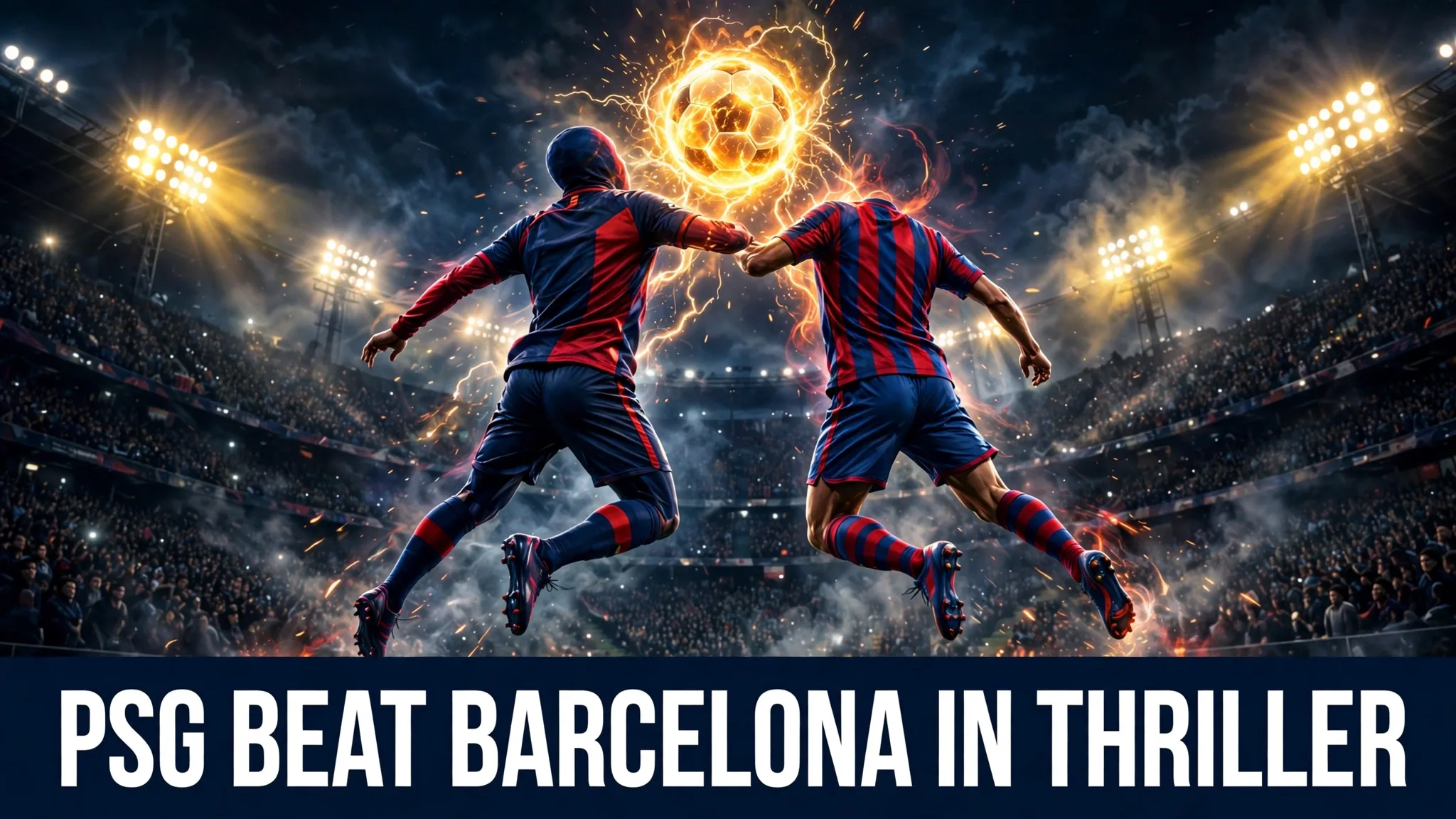 An illustration of two footballers in unbranded kits leaping to head a glowing ball under floodlights in a packed stadium at night.