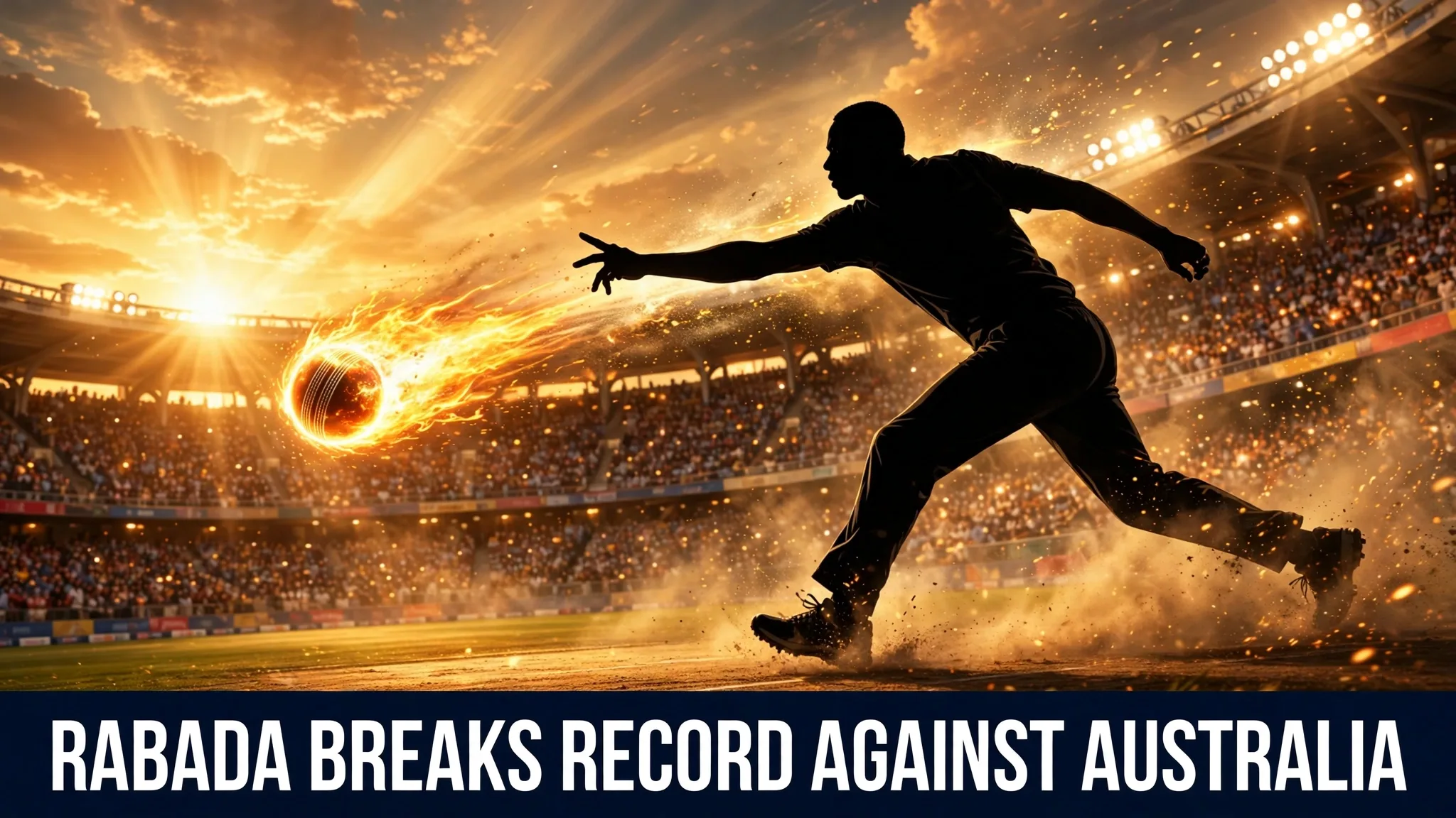 An illustration of a fast bowler in silhouette at sunset in a packed stadium, the ball leaving his hand like a glowing comet.