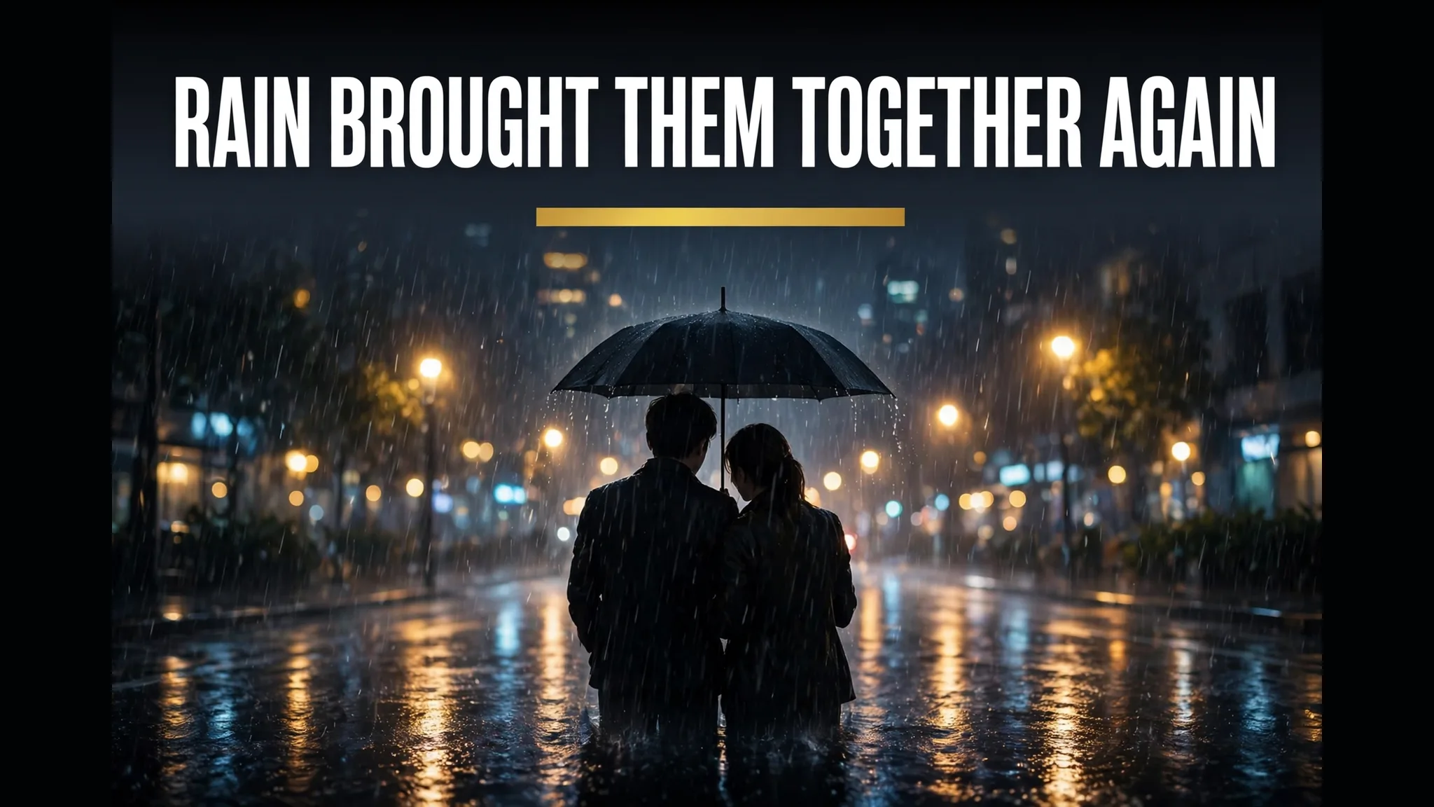 A couple as silhouettes sharing one umbrella in heavy night rain
