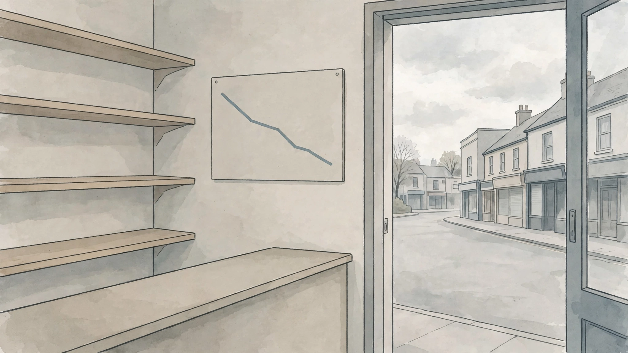A simple illustration of a shop with quiet shelves and a falling chart, showing a town street during an economic slowdown.
