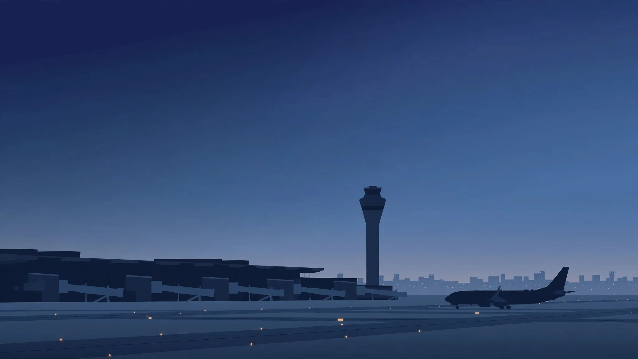 Illustration of an airport terminal and control tower silhouetted against a dark night sky