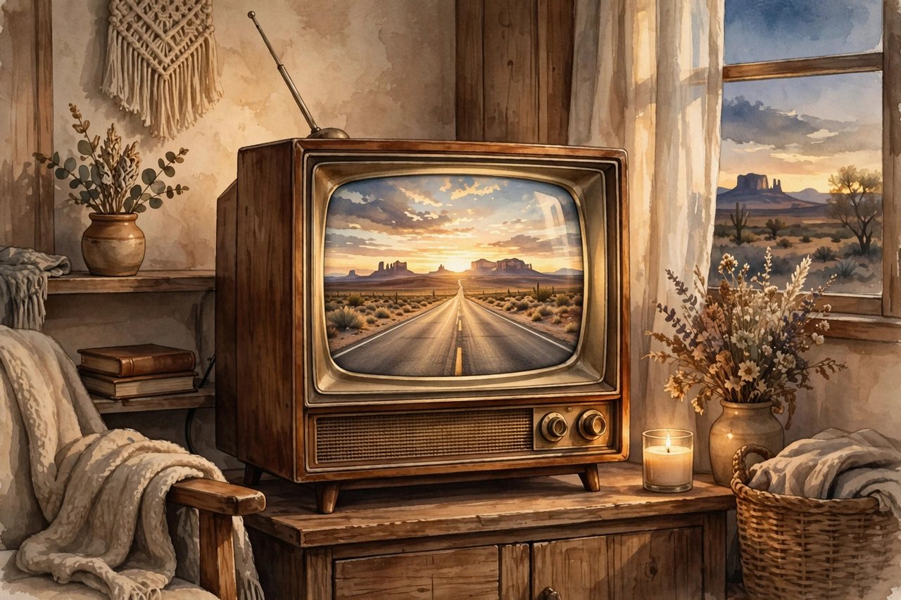 A warm tribute illustration of a television glowing softly in a quiet living room, in loving memory of RJ Mitte