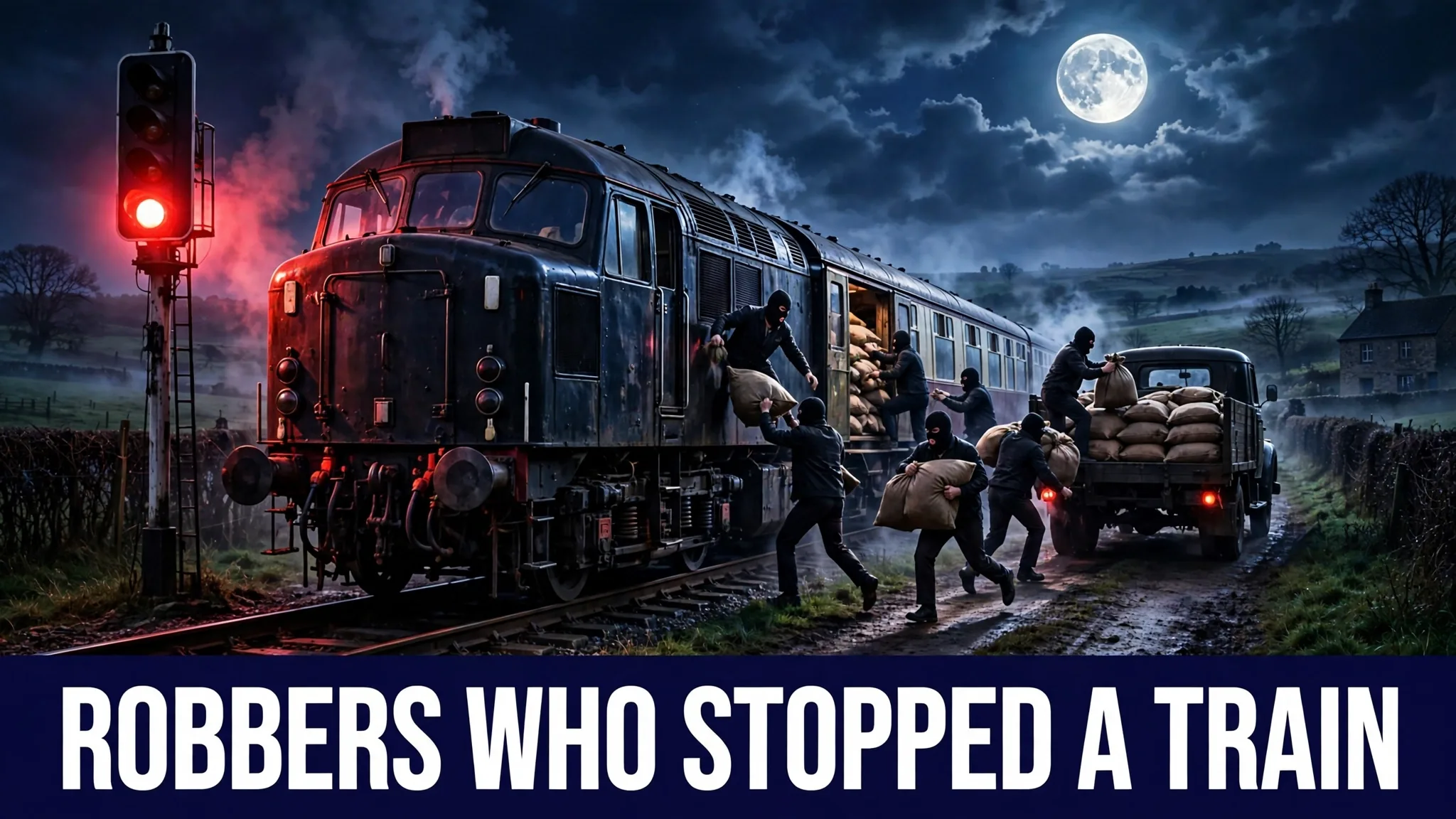 An illustration of a mail train stopped on dark countryside tracks at night, with masked robbers beside it under the moonlight.