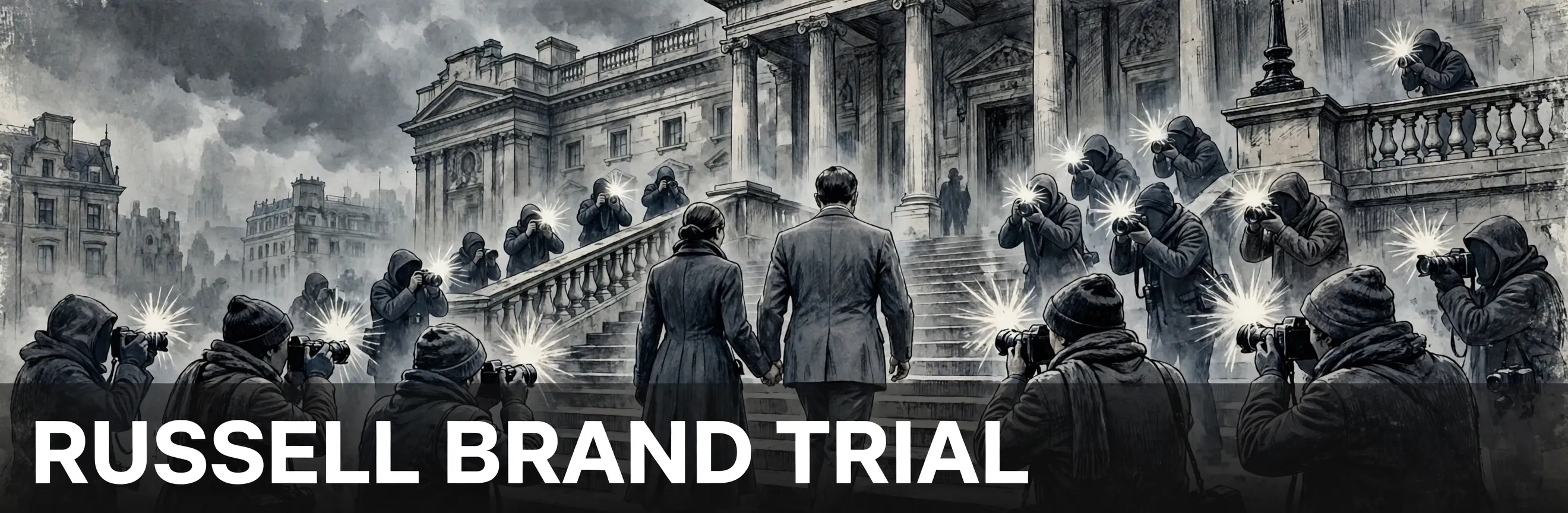 A man in a suit walking up the steps of a London courthouse as photographers take pictures