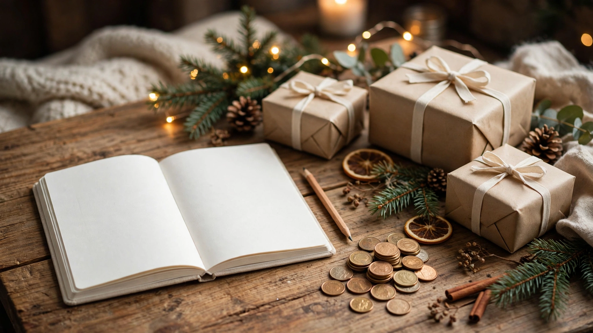 A Christmas budget plan with wrapped gifts, a notebook and coins on a table