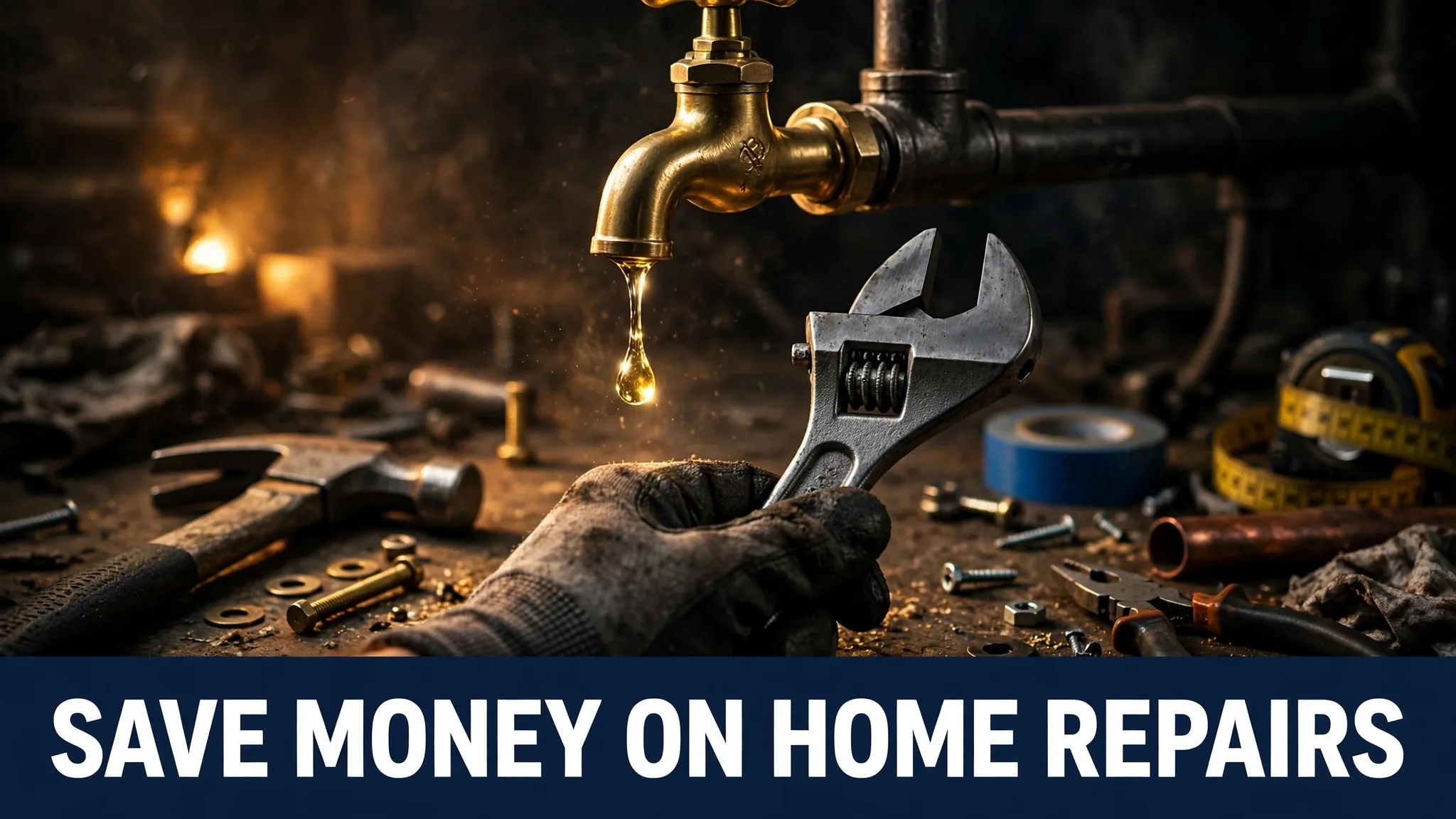 A workbench with tools and a fixed tap letting go of one last golden drop