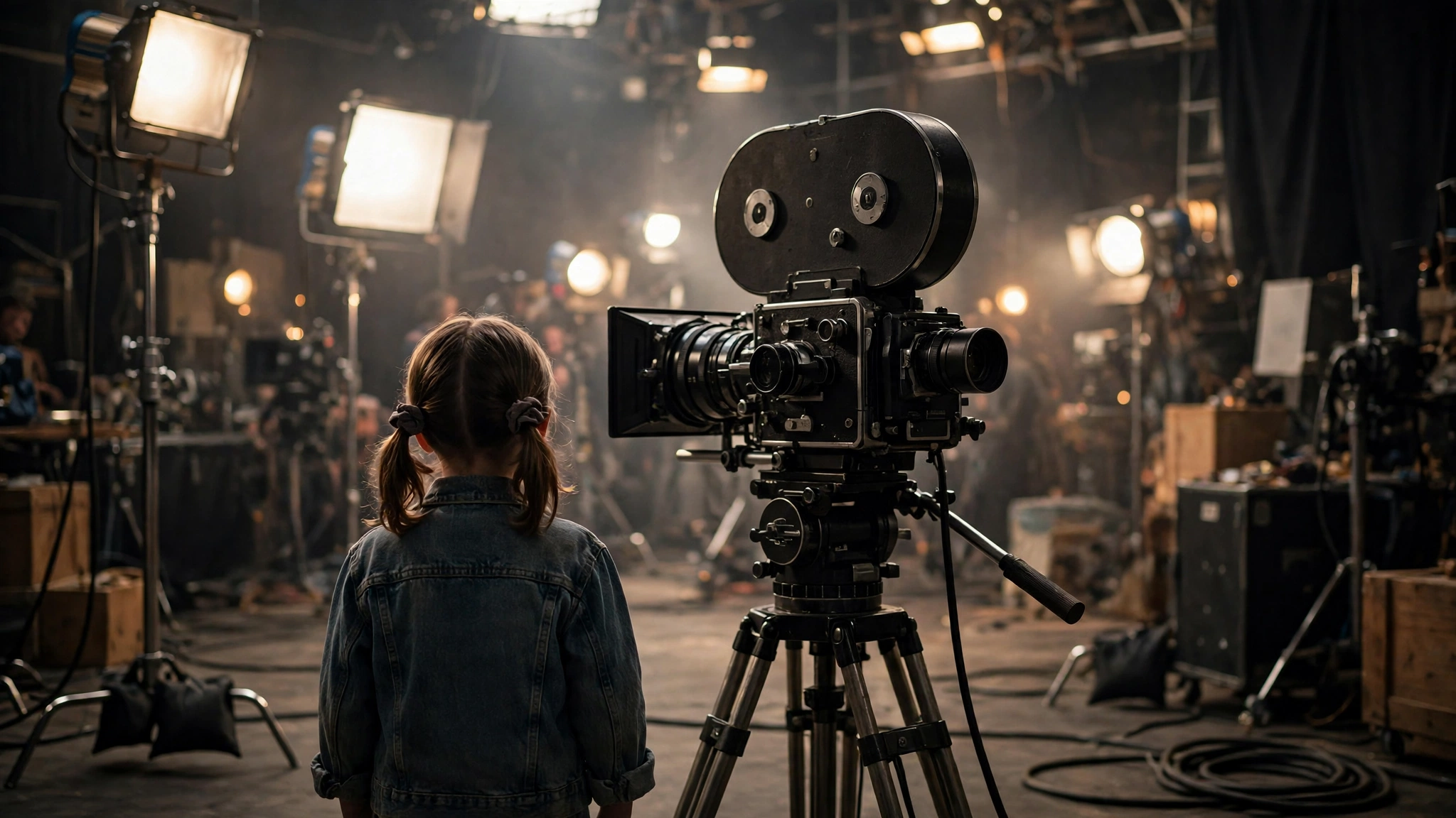A young child actress on a film set with a camera in the background