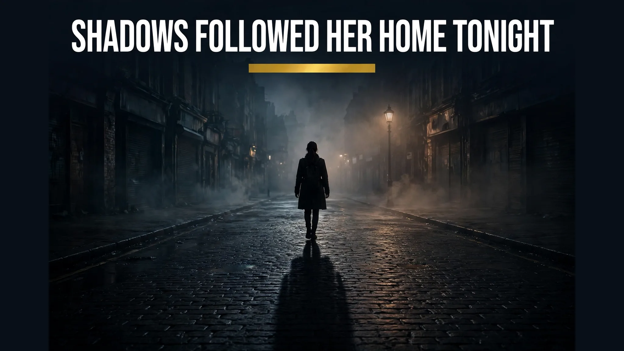 A woman as a silhouette from behind on a dark foggy street with an unnaturally long shadow behind her