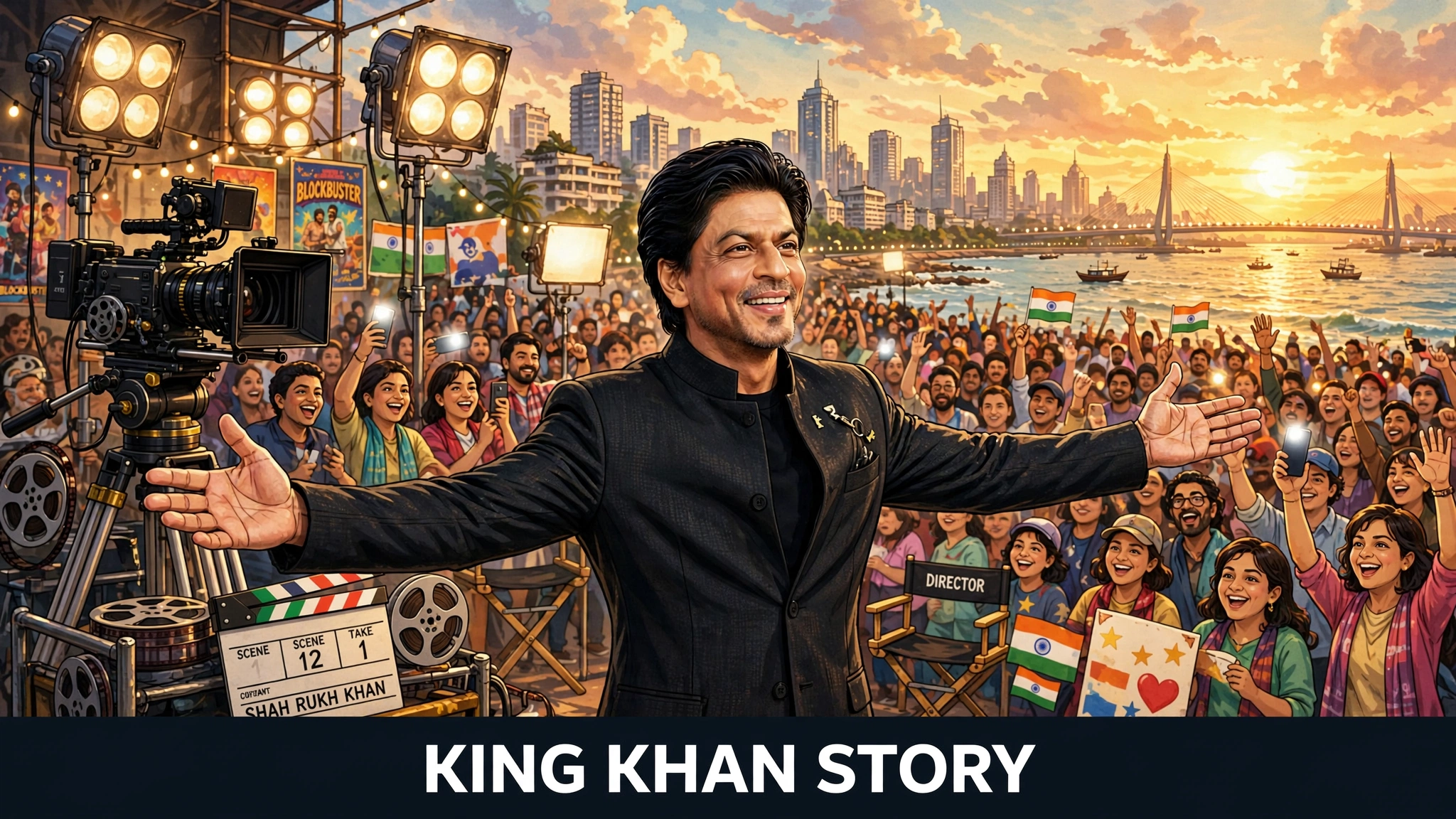 Original illustration for the Shah Rukh Khan life story — Shah Rukh Khan in his famous arms-outstretched pose on a Mumbai film set at sunset, with cameras, lights and a huge crowd of fans behind him