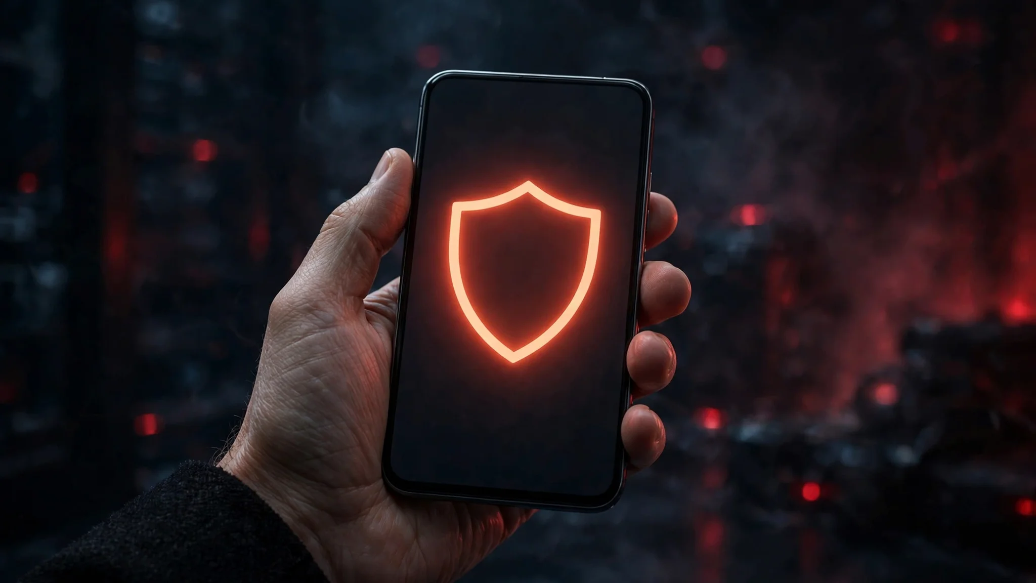 A smartphone with a warning shield icon on its screen held in a hand