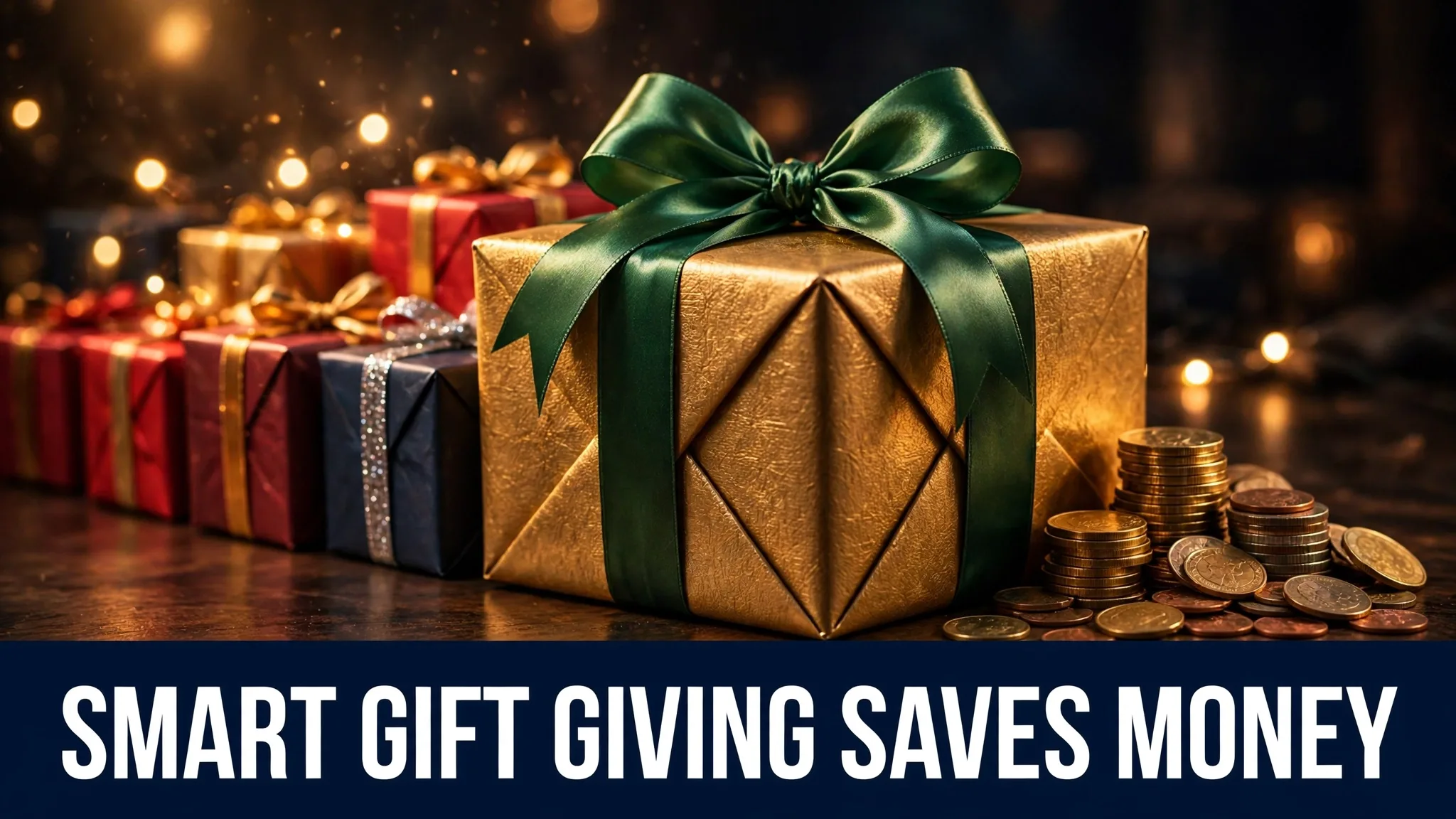 Beautifully wrapped gifts with ribbons in a warm glowing row